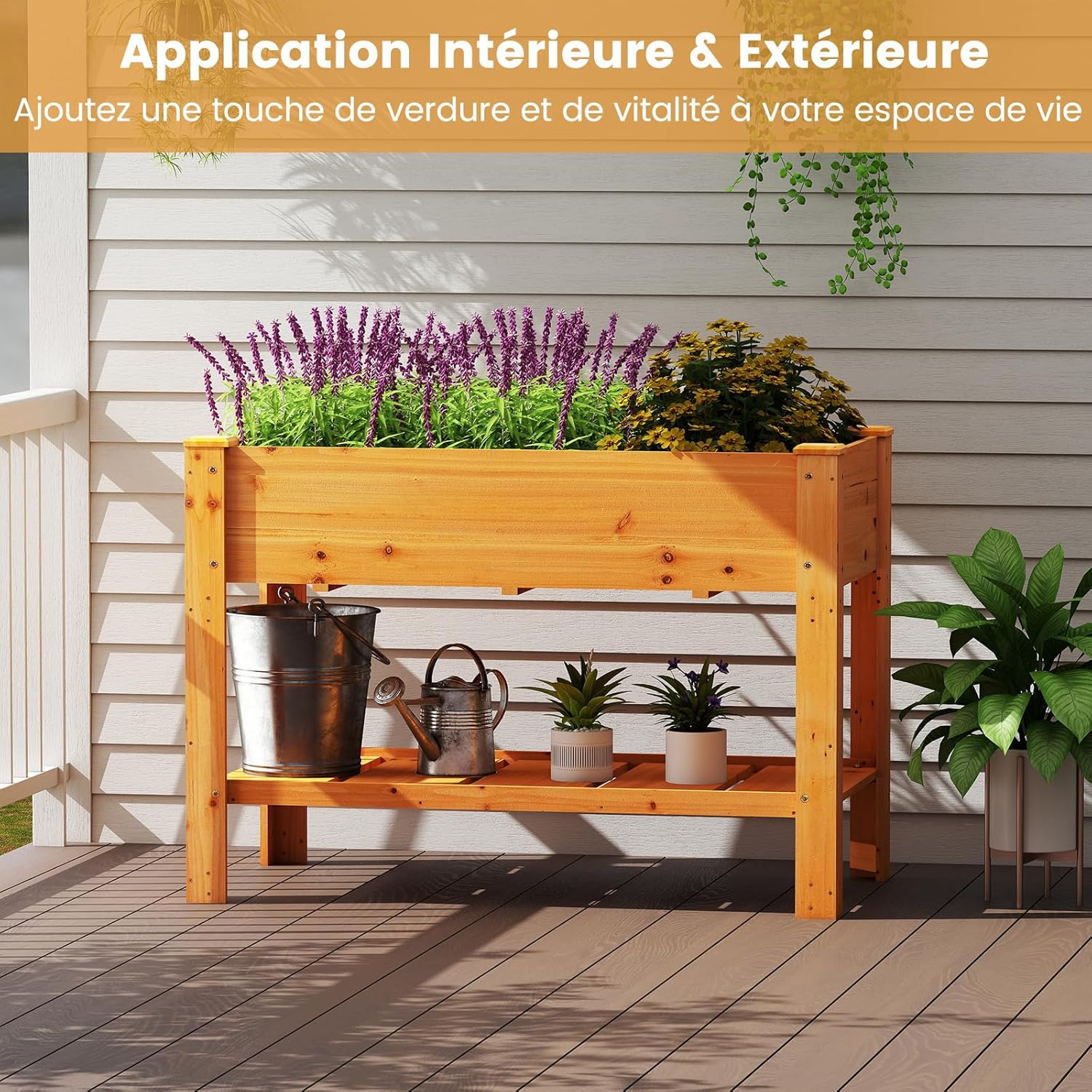 Jardinière Surélevé en Bois avec Trou de Drainage, Lit de Jardin avec Pieds et Étagère, Bac de Culture pour Plantes Fleurs Végétaux (Marron) - 8