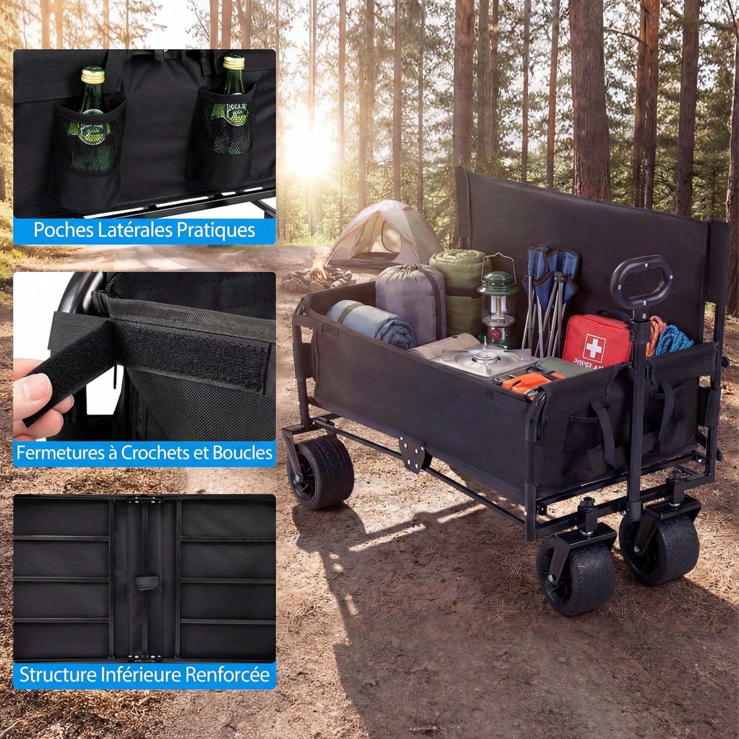GIANTEX Chariot de Plage Pliable Banc 2-en-1, Chariot de Transport 85 L,Poignée Ajustable Poussée/tirée Coussins Doux et Roues Tout-Terrain,Noir - 4