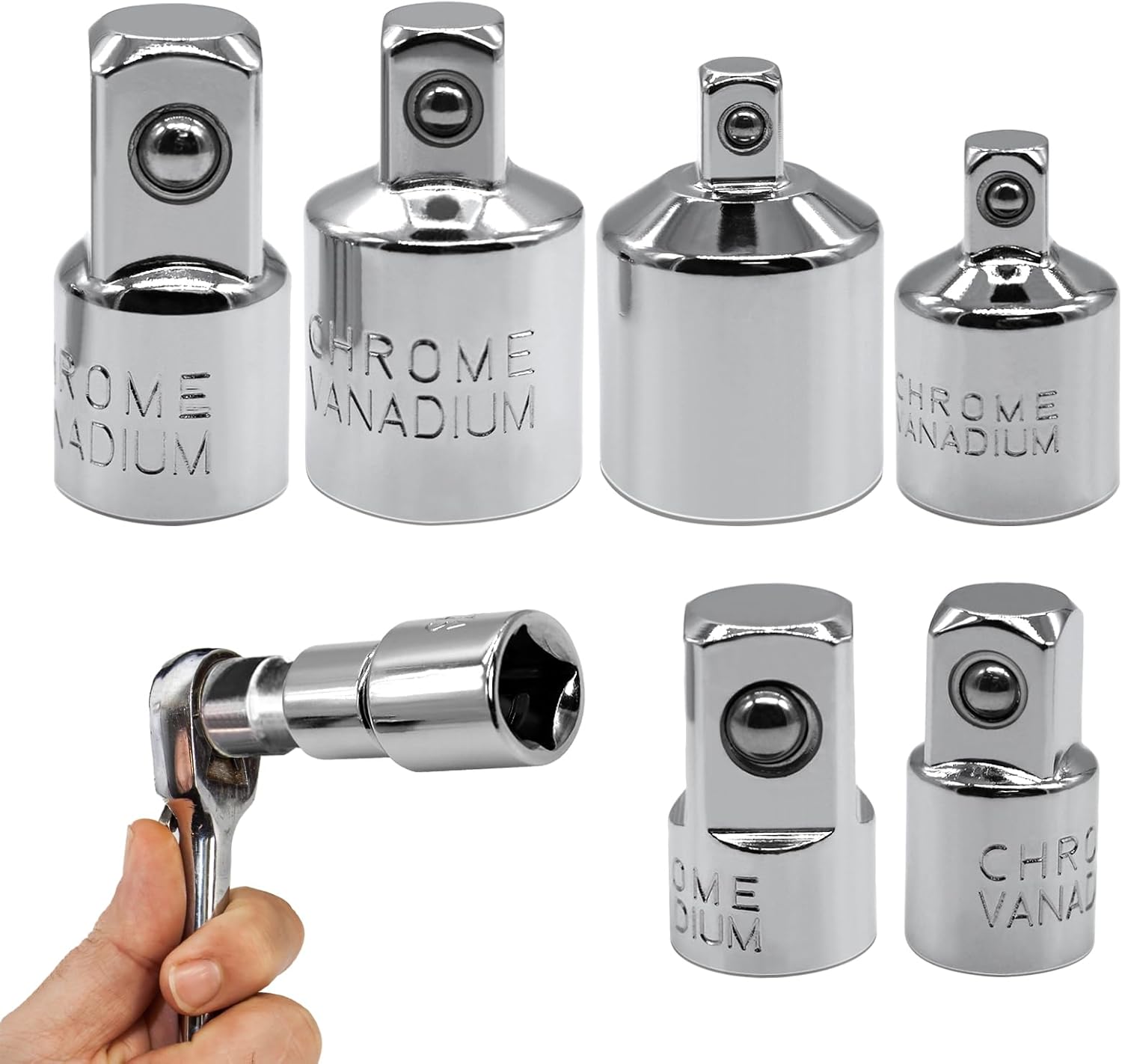 Zestaw 6 adapterów grzechotkowych - adaptery nasadowe (1/4", 3/8", 1/2"), niezbędne narzędzie w Twoim zestawie narzędzi.