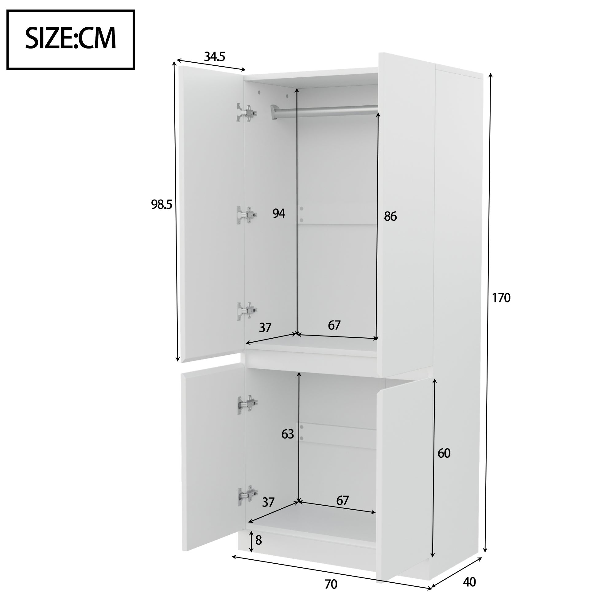 Armadio 70x40x170 cm 4 ante 2 nicchie legno bianco moderno - 5