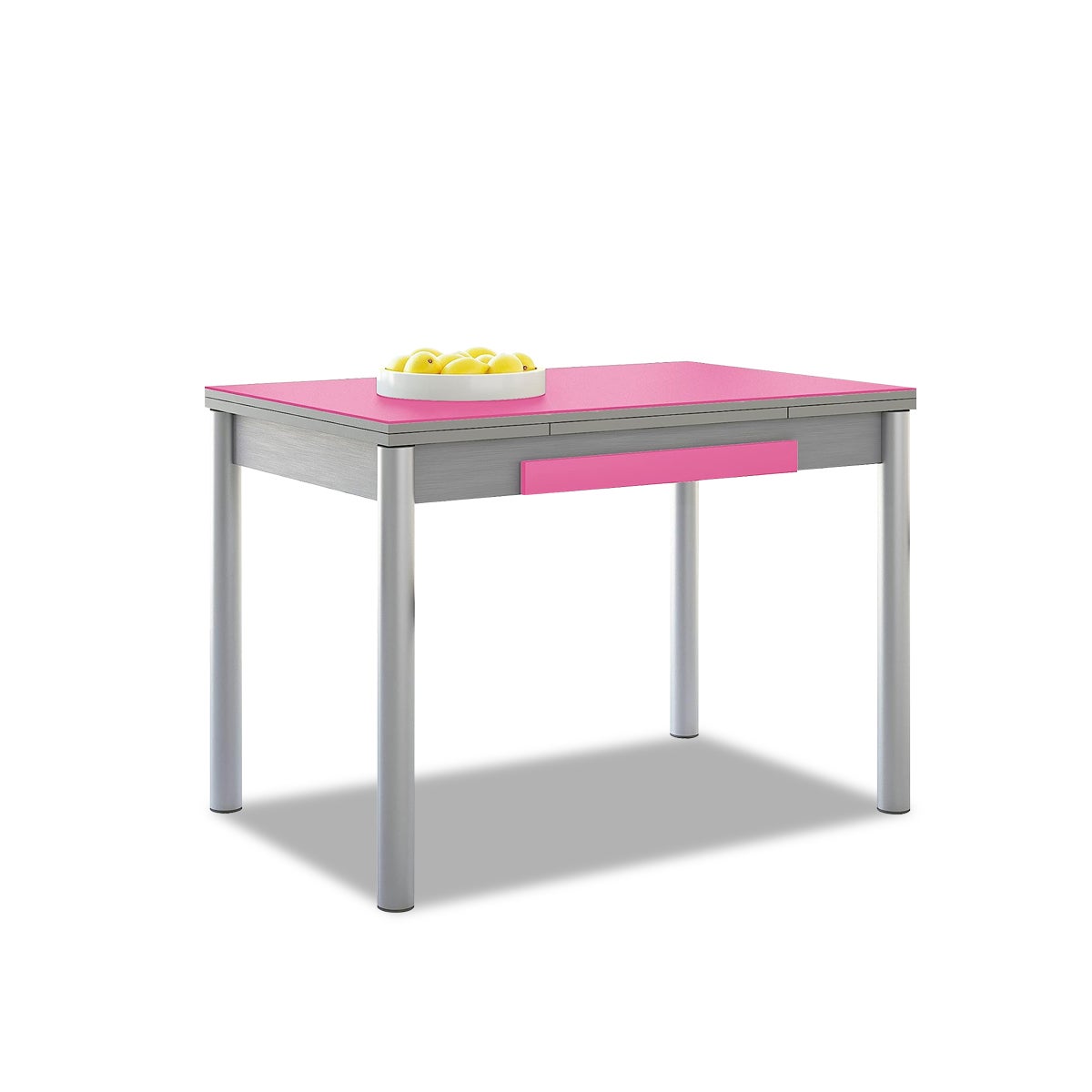 Mesa de cocina extensible 2 alas - 90x50 cm (140x50 cm) - estructura y alas color aluminio - tapa cristal color fucsia