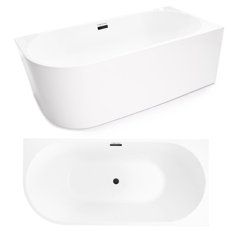 Wanna wolnostojąca przyścienna NAROŻNA CRETE PRAWA 170 x 80 cm biała system przelewowy AKCESORIA CZARNE (KOREK I PRZELEW)