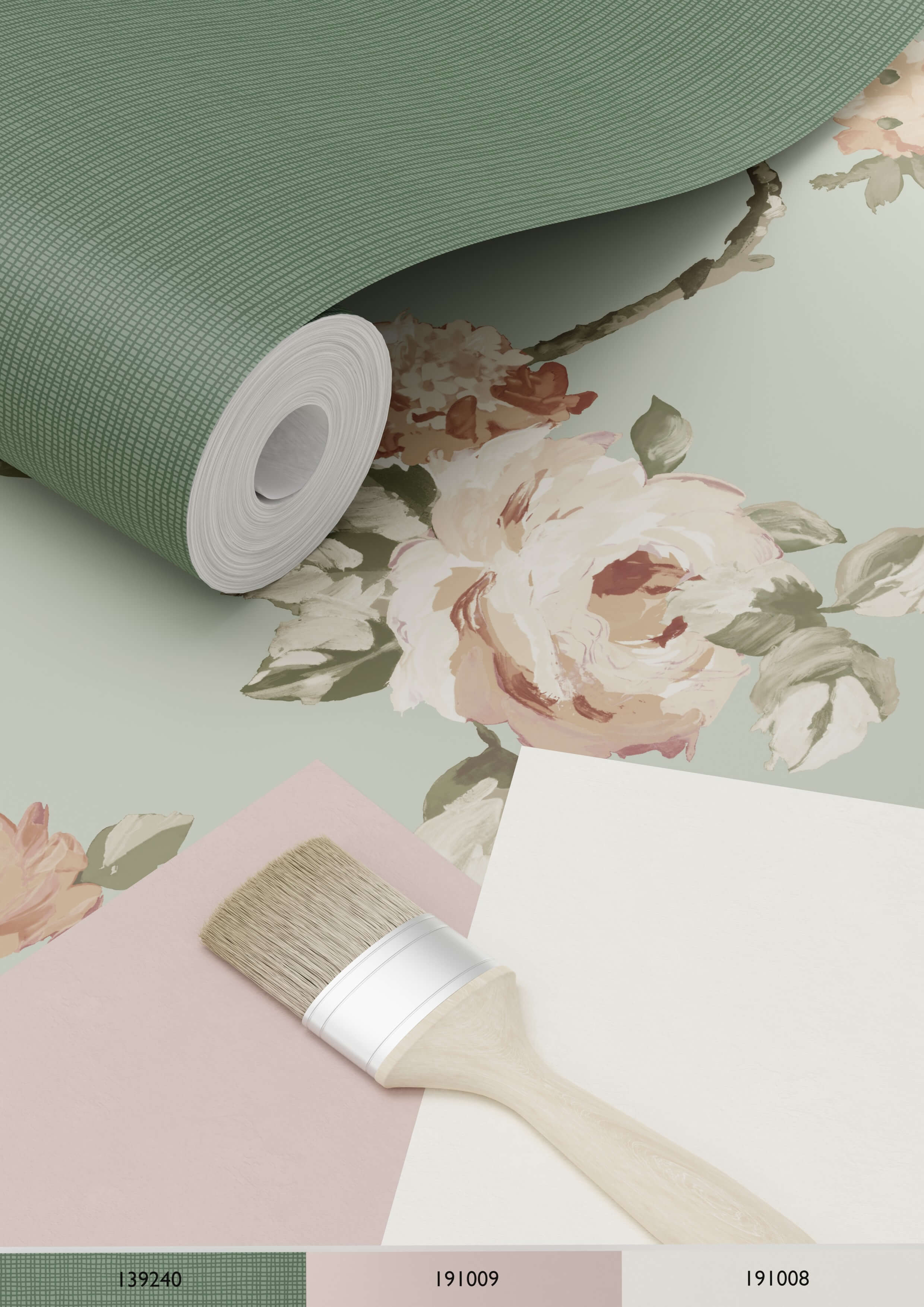 Papel de parede flores vintage verde menta acinzentadoerosa suave - 53 cm x 10.05 m - ESTAhome - 7
