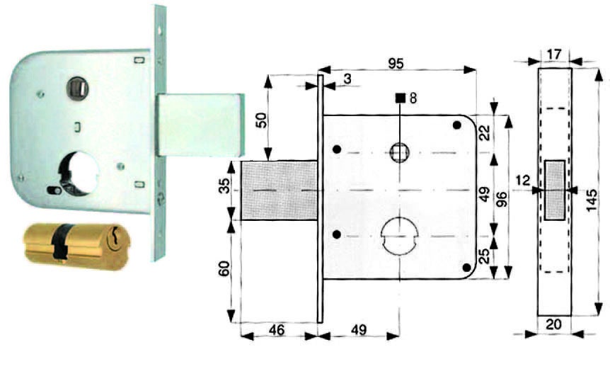 Cerradura puerta de embutir 134 mg bq zinc f.mm 20 f.redonda m1+scr+q8 e.mm 50 cf=pz 2