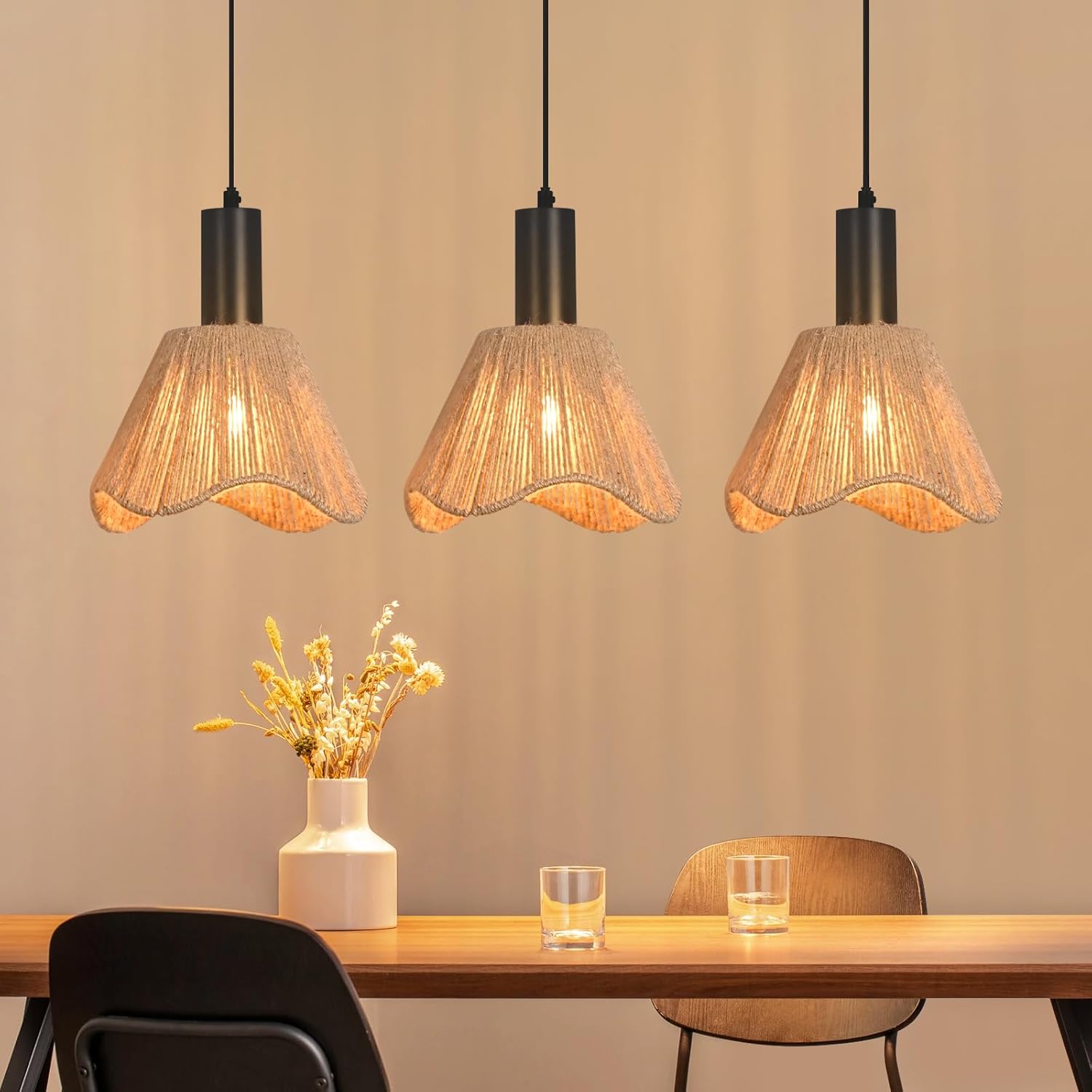 Lampa wisząca Nettlife Boho Rattan z 3 żarówkami – żyrandol z plecionej liny konopnej w stylu vintage, E27 (żarówki nie są dołączone)