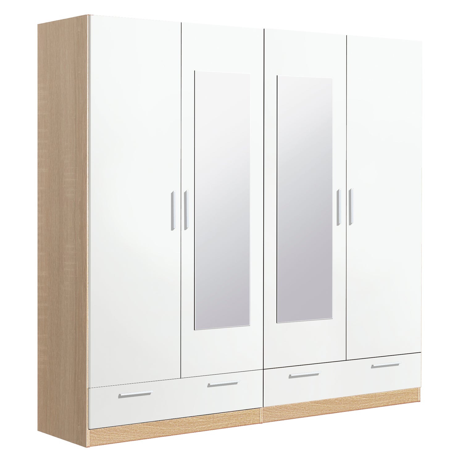 Armoire Coulissante 3 Portes Avec Miroirs - 204 Cm L X 205 Cm H, 6 étagères - Blanc, Panneaux Stratifiés, à Monter