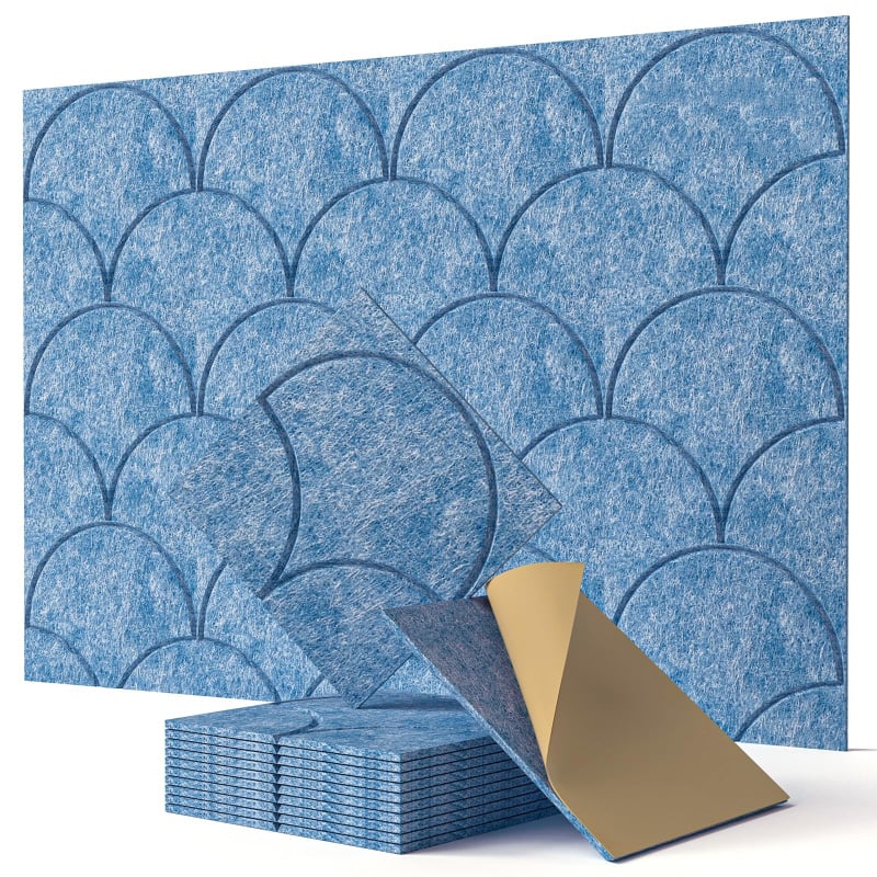 12-pak paneli dźwiękochłonnych z włókna poliestrowego w skale, jako materiał do dekoracji ścian, niebieskie, 30 cm x 30 cm (podkład samoprzylepny)