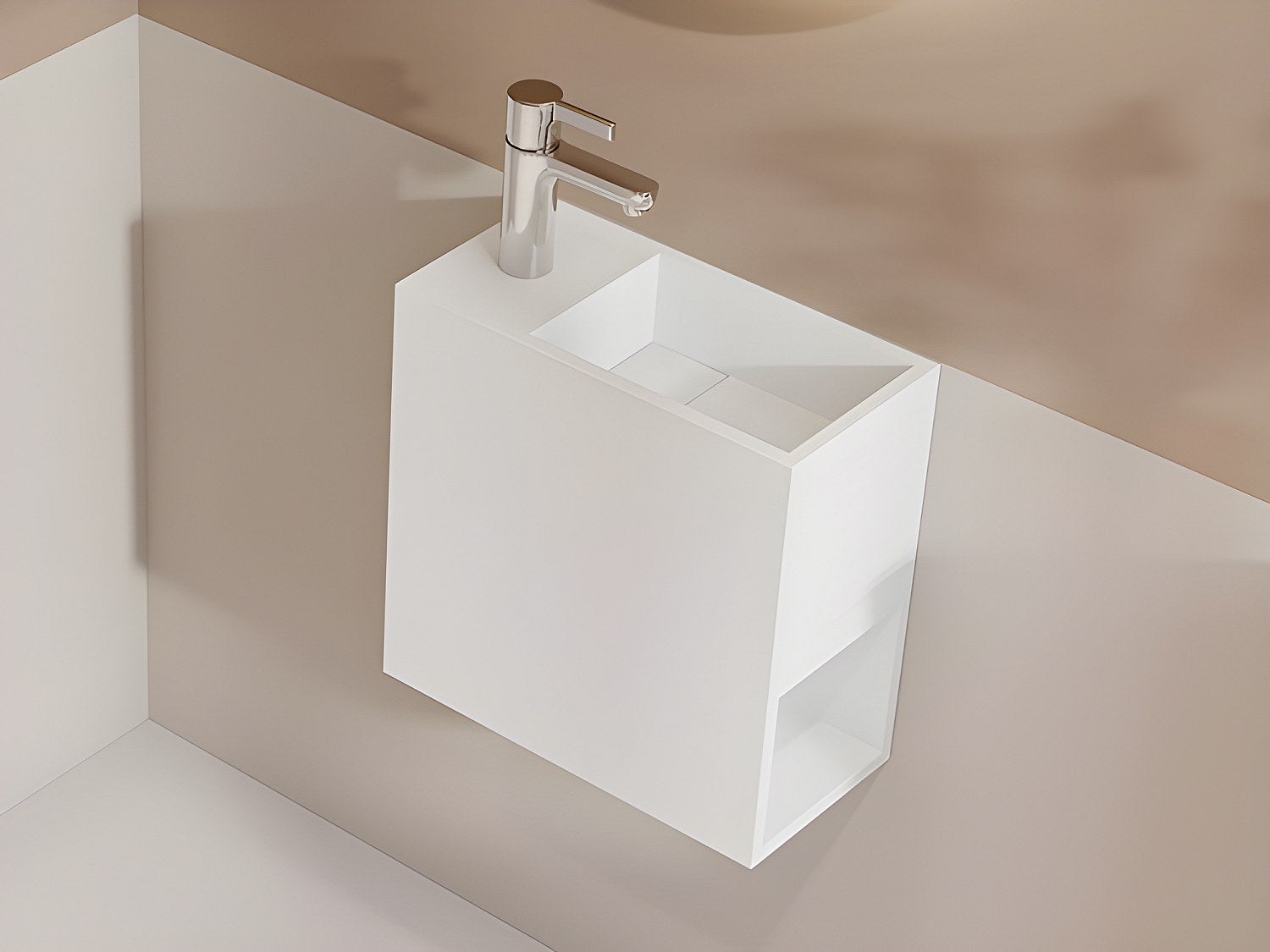 Umywalka wisząca biała solid surface z wnęką - Bateria po lewej - 40 cm - PUMORI