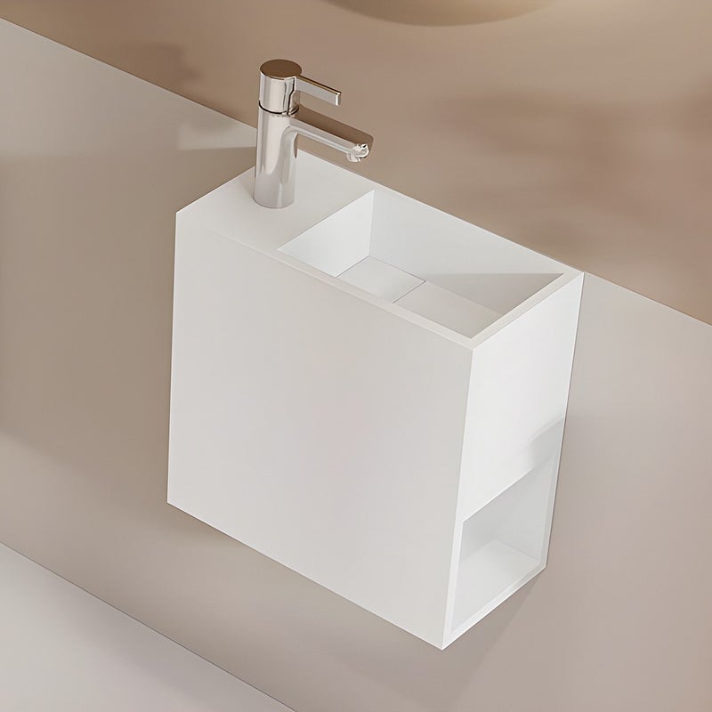 Umywalka wisząca biała solid surface z wnęką - Bateria po lewej - 40 cm - PUMORI