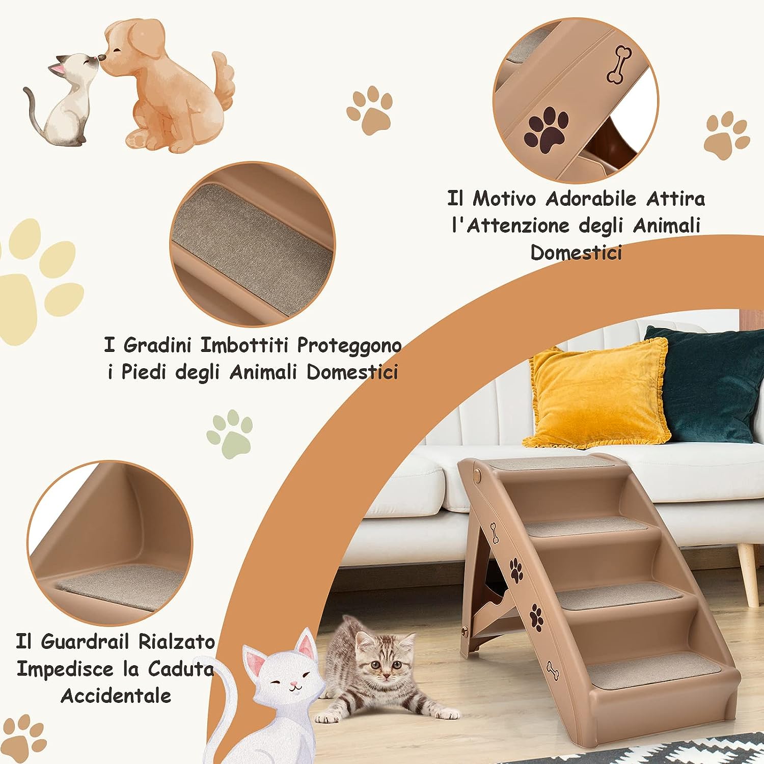 Escada dobrável para cães com 4 degraus, carga máxima de 60 kg, 64 x 39 x 49 cm, cor café - 7