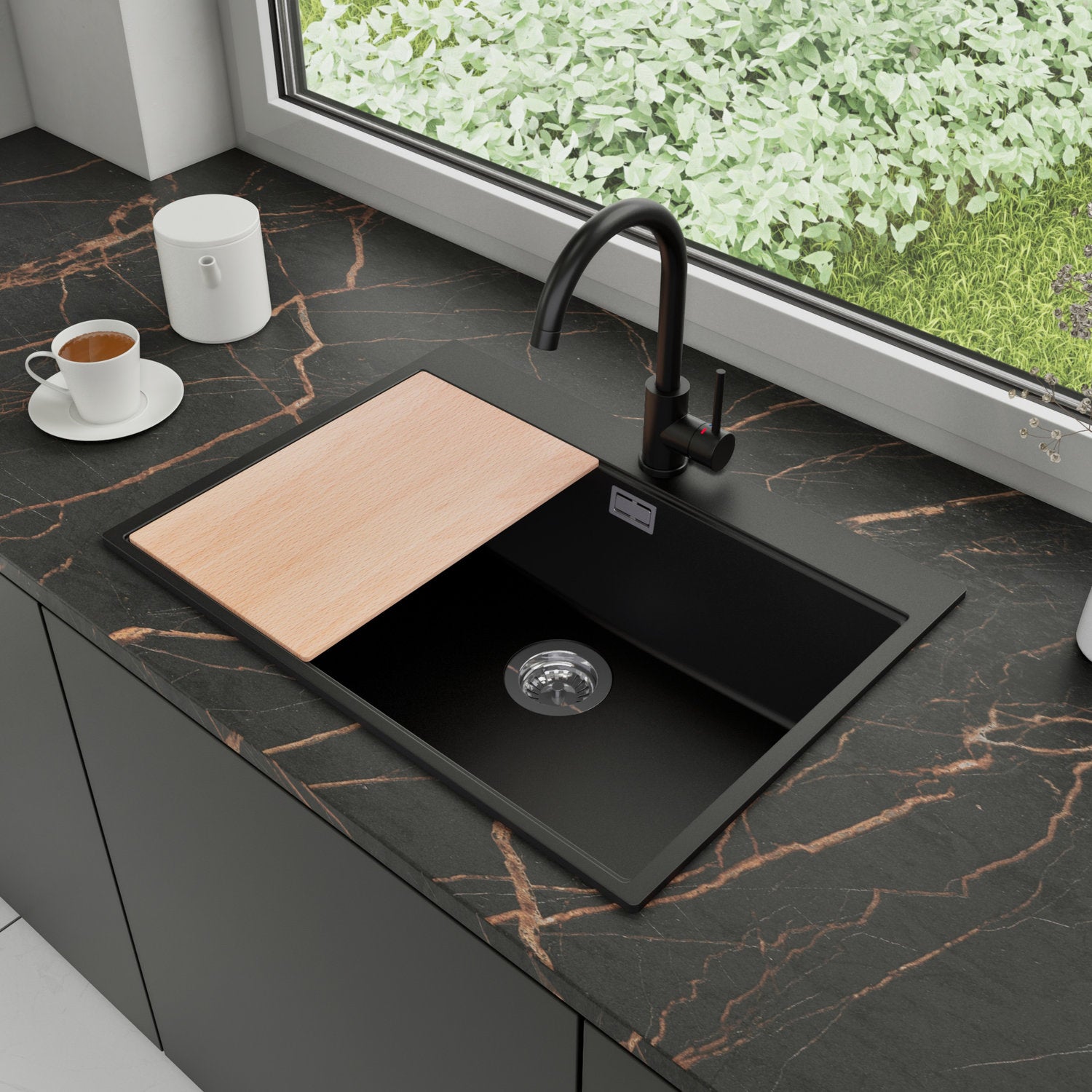 Zlewozmywak Granitowy 68x50cm, do szafki od 70cm + Bateria + Syfon + Deska - Rubin Czarny STONESTYLE