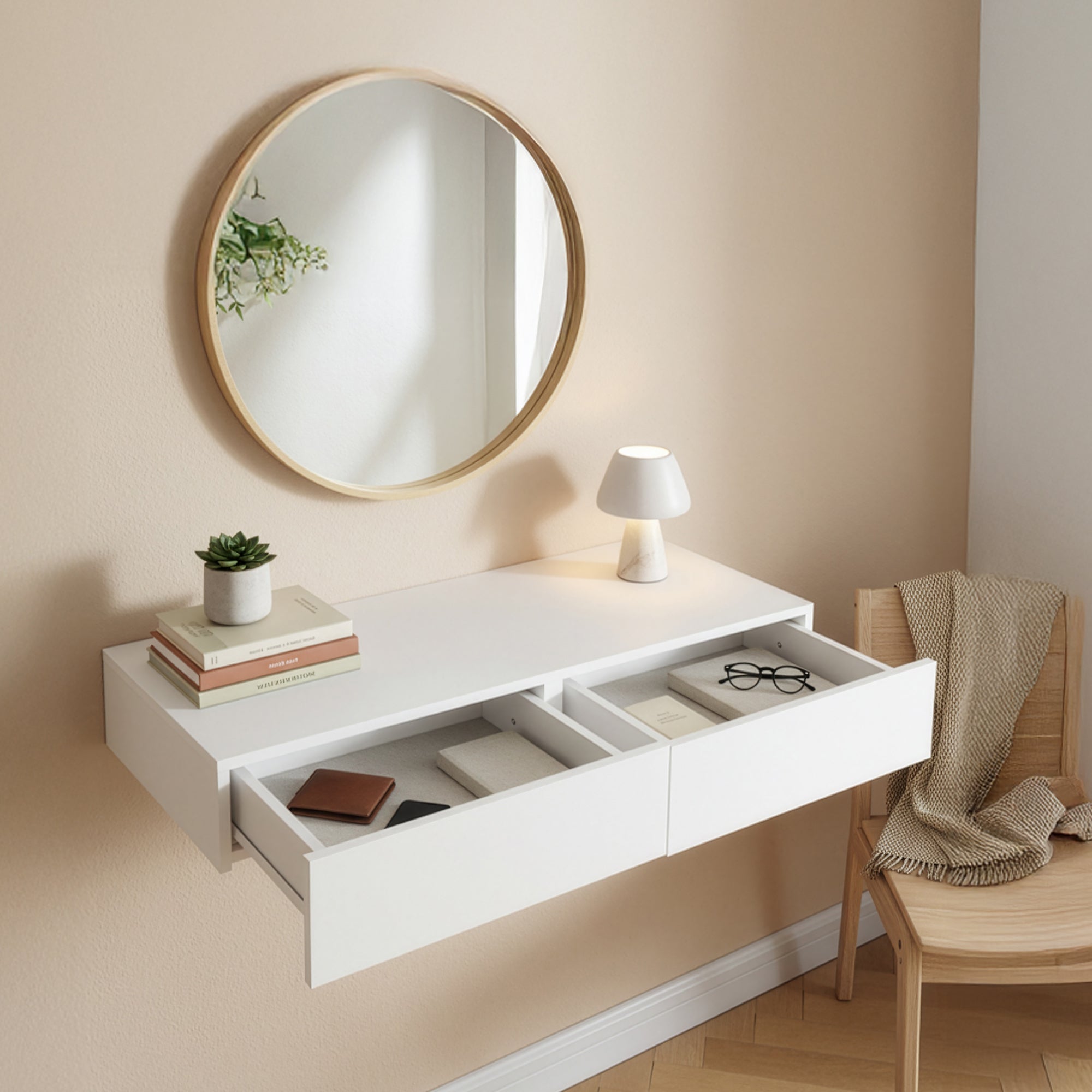 Mensola con 2 Cassetti Affiancati Consolle da Parete con Doppio Cassetto Comodino Sospeso 80x35x12 cm - Bianco [en.casa] - 6