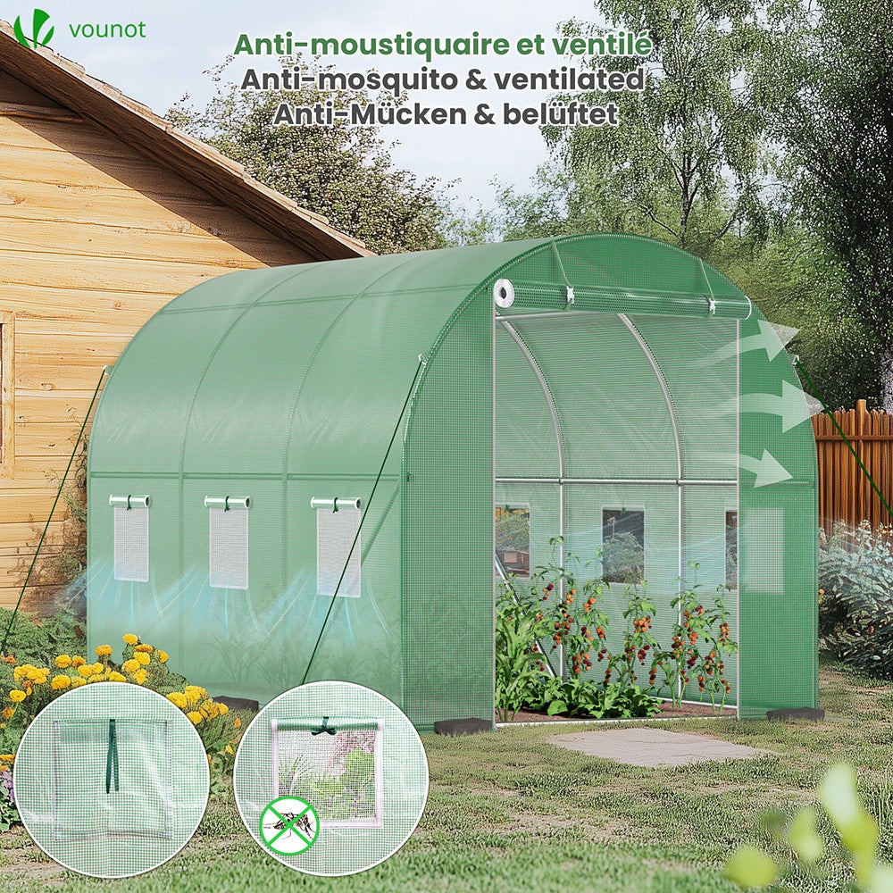 Serre de jardin tunnel 6m² en acier galvanisé - fenêtre anti-moustiquaire, porte enroulable, barre anti-tempête - VOUNOT® - 4