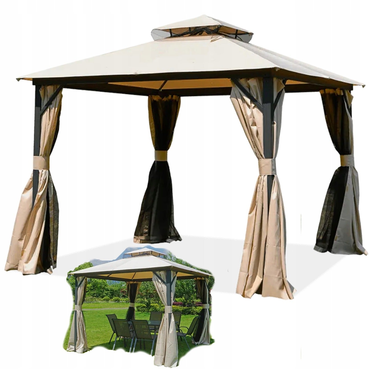 Pawilon do ogrodu Hardmaister z moskitierą i zasłonami VANCOUVER 3x4 Beige 1 szt