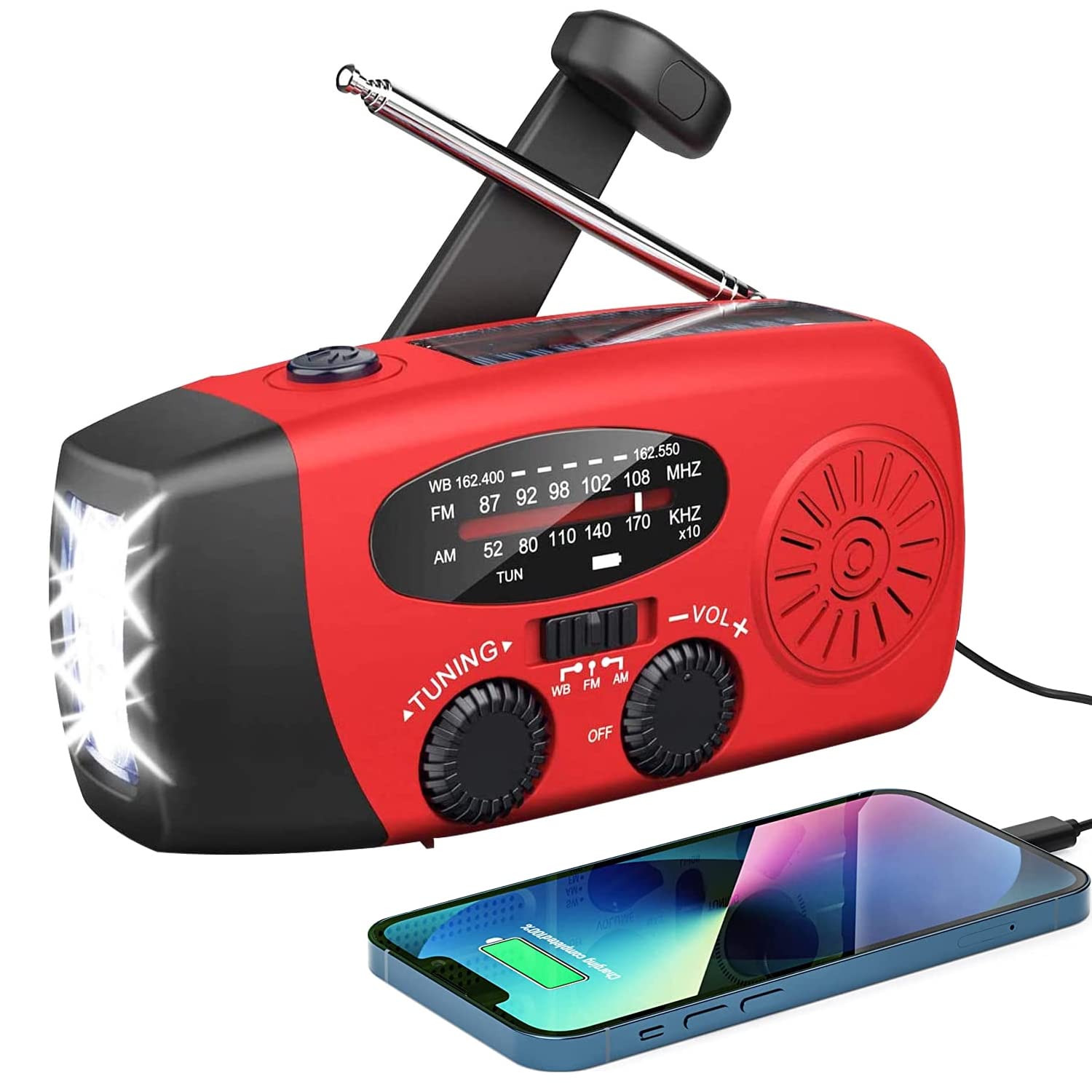 Radioodbiornik ręczny z korbką zasilany energią słoneczną, z własnym zasilaniem, z latarką LED, prognozą pogody AM/FM/WB, 2 akumulatorami, 000 mAh