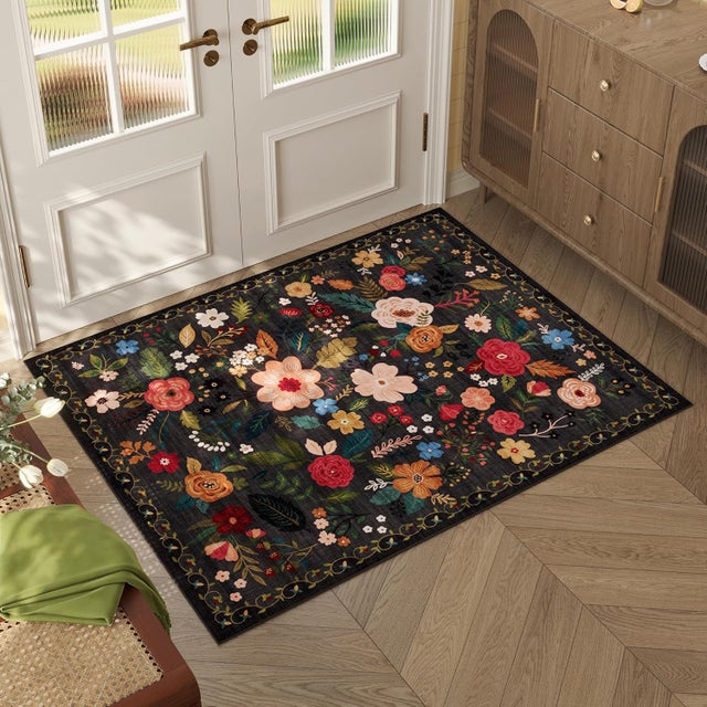 Tapis de porte pour entrée intérieure, tapis lavable en machine, petit tapis floral de style bohème, tapis à poils courts anti-dérapant（60*90cm）