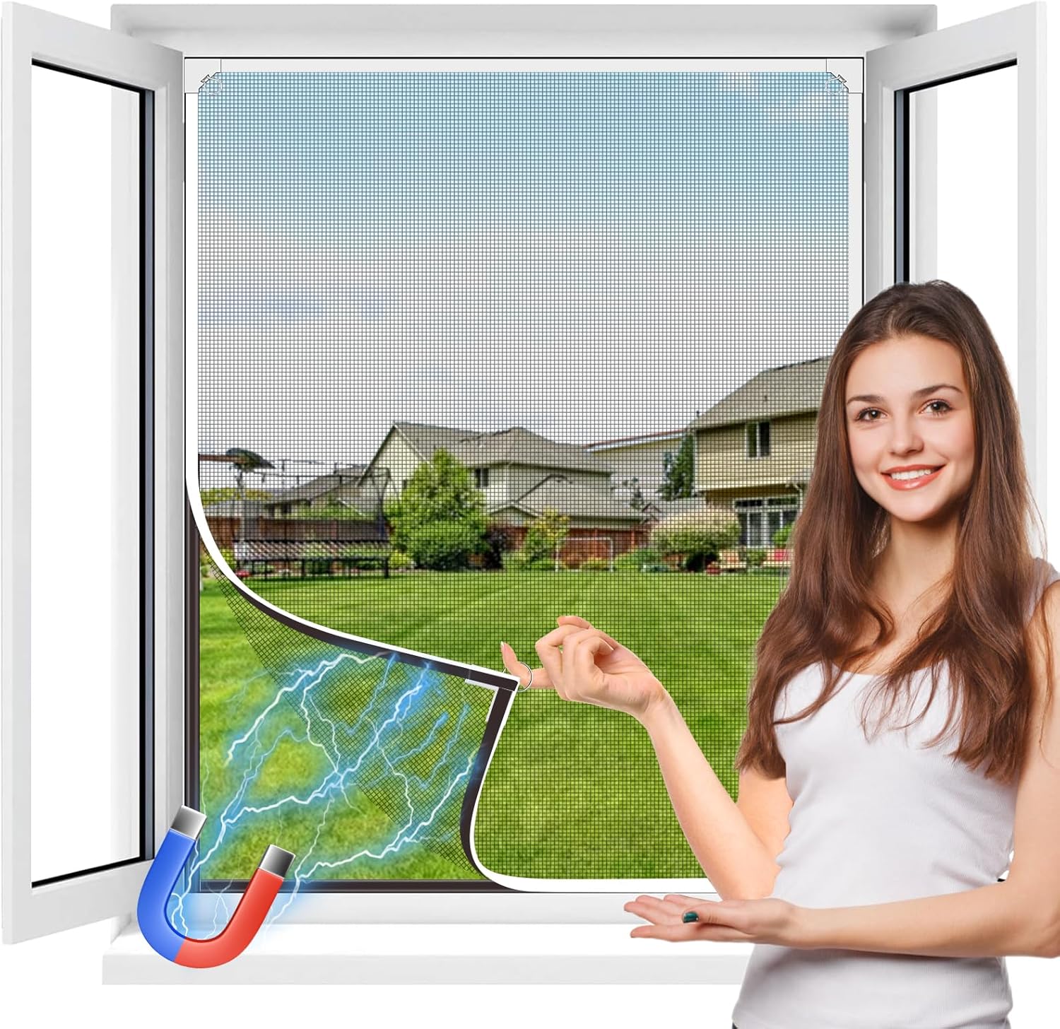 Magnetyczna moskitiera okienna - 130x150 cm z włókna szklanego - regulowany rozmiar DIY - odłączana rama - bez wiercenia