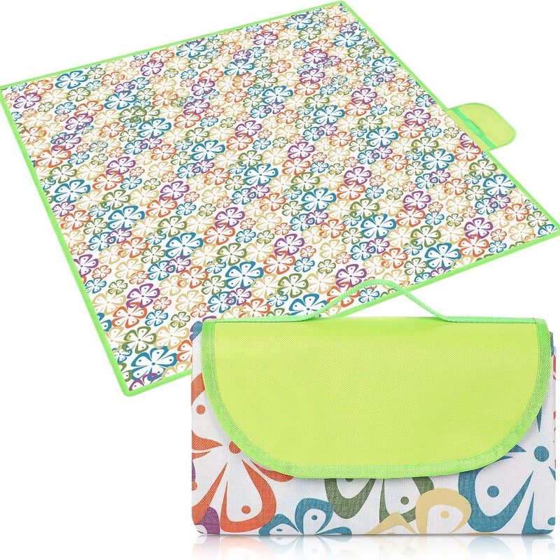 Składany, wodoodporny koc piknikowy 200 x 200 cm do wędrówek i kempingu, zielony, kwiatowy wzór