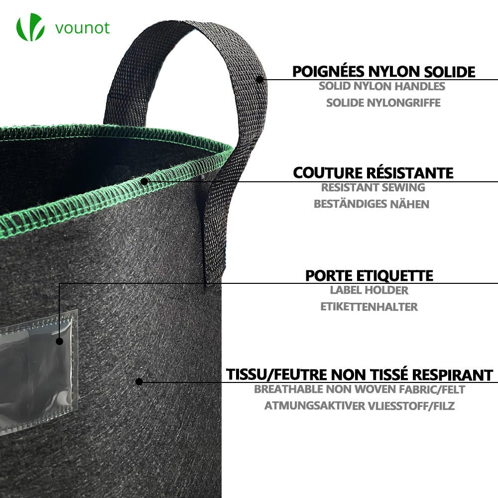 Lot de 5 sacs de plantation non tisse 30L avec poignee Noir VOUNOT® - 3