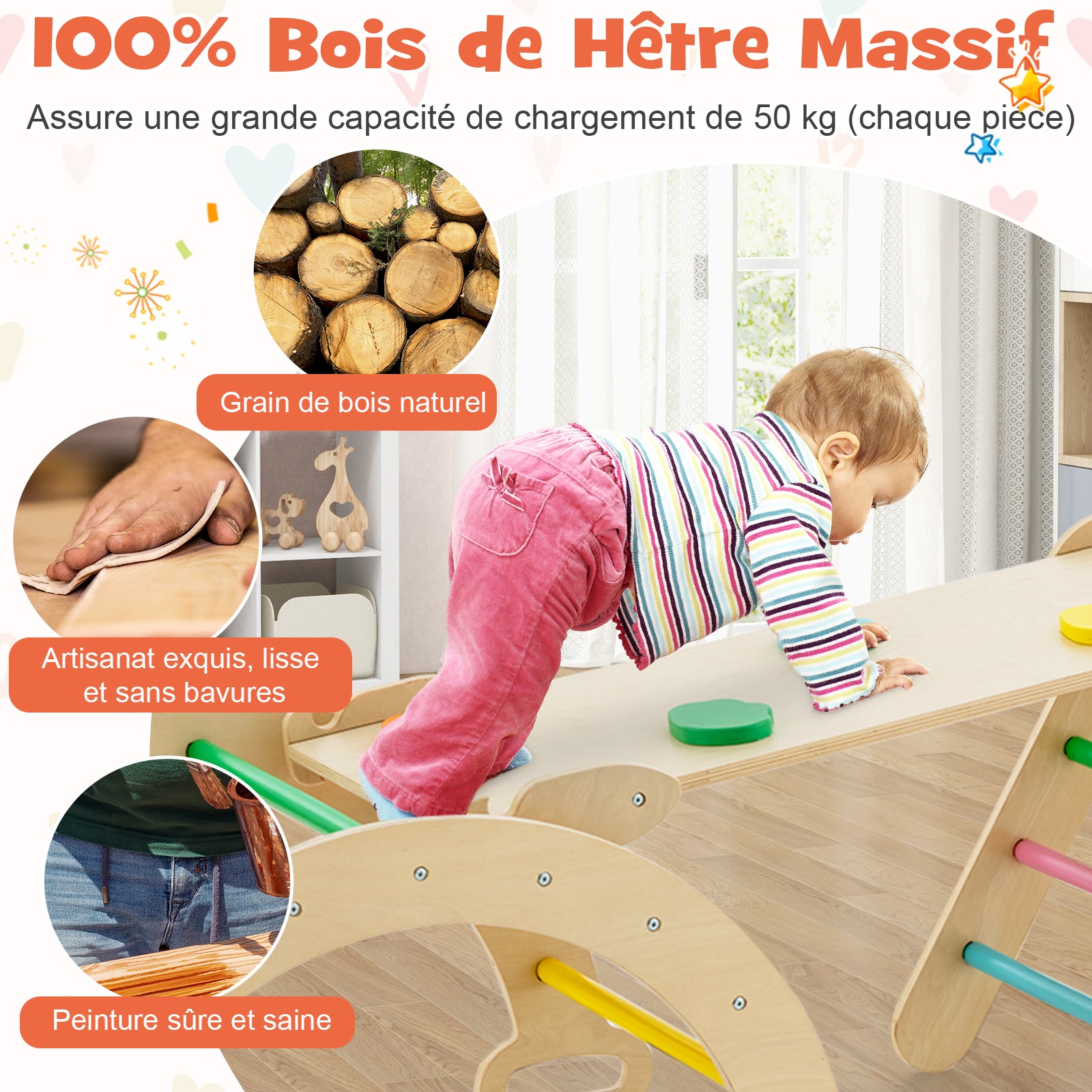7 en 1 Triangle Arche Montessori d'escalade Enfants avec Toboggan Bois, Rampe, Échelle Réglable, Charge 50 KG, pour Tout-Petits Bébé 1 An+ - 6