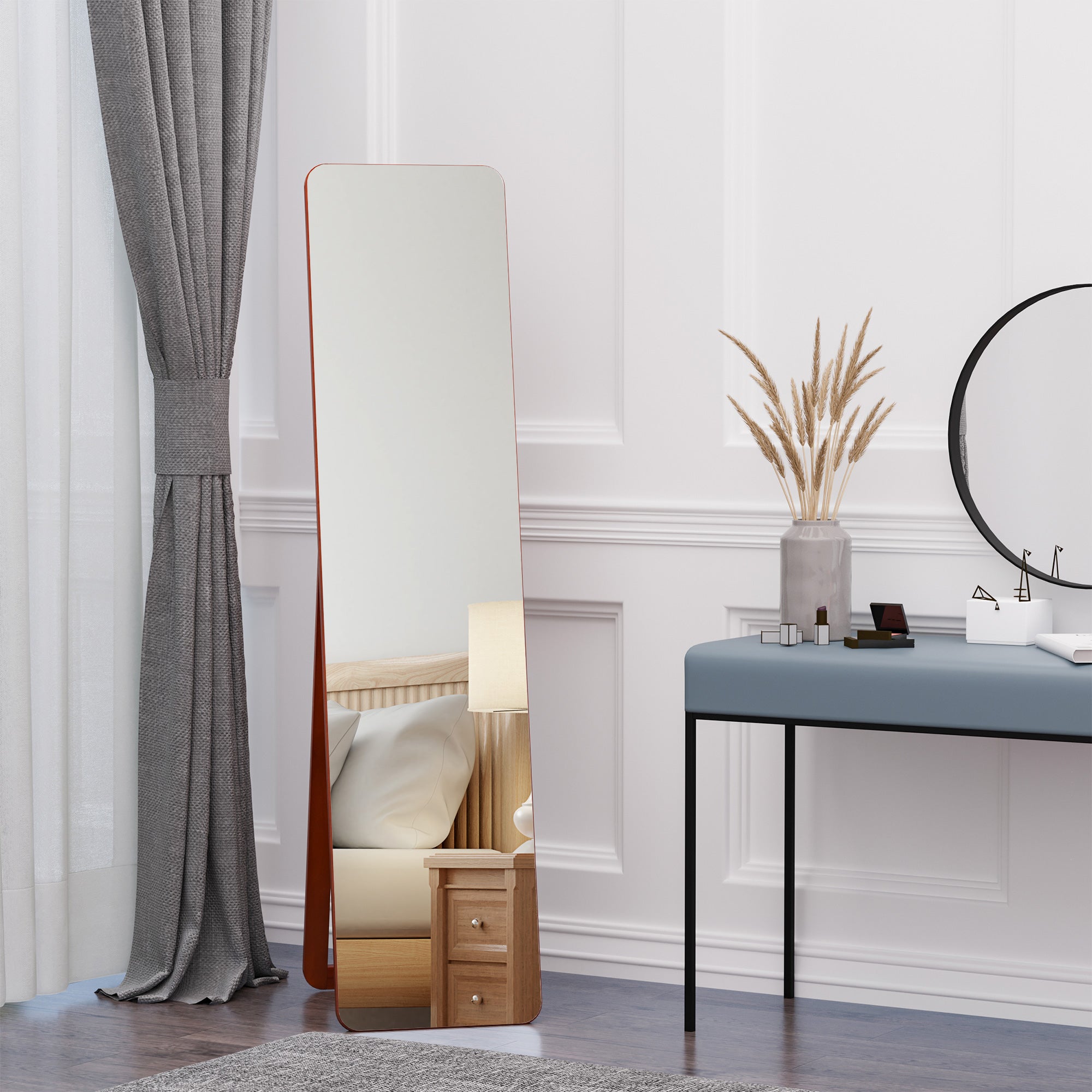 HOMCOM Specchio Da Terra E Da Parete Con Struttura In Legno, Supporto Pieghevole Con Cerniera, 37x43x156cm, Noce Chiaro - 2