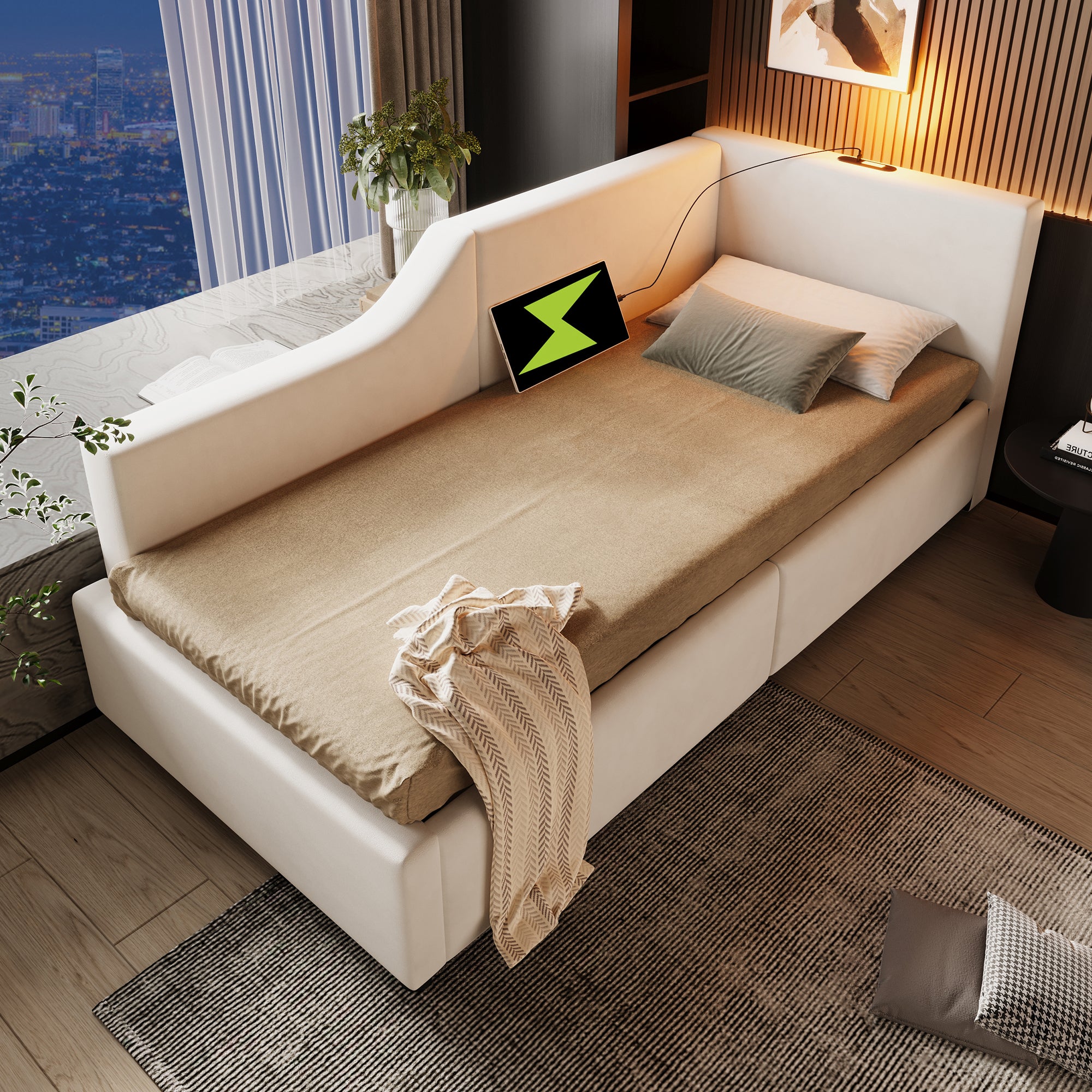 Divano Letto In Velluto Con LED, Ricarica USB E 2 Cassetti – 90x200 Cm, Struttura In Metallo, Testata 200 Kg