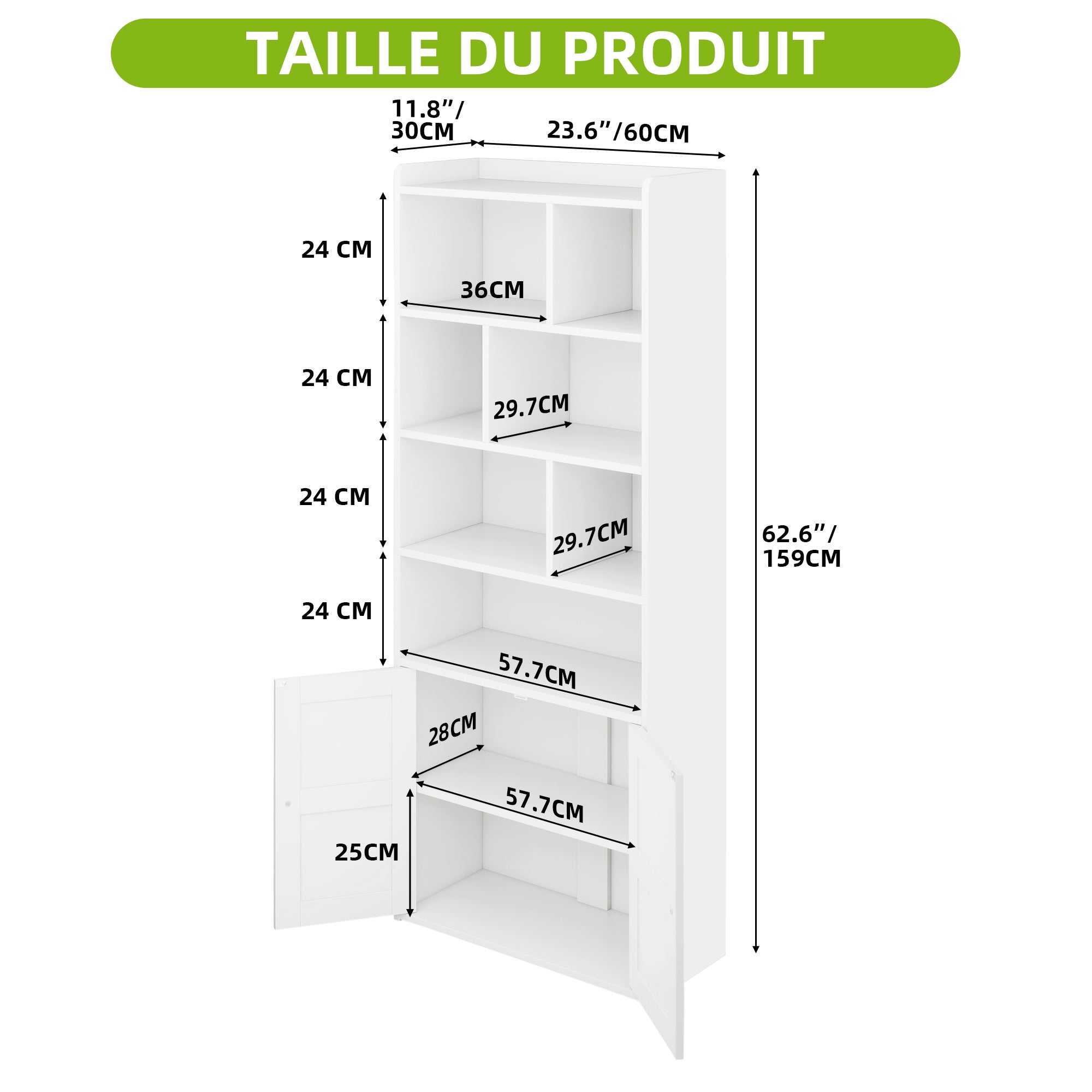 YITAHOME Estantería 4 Niveles con Puertas y Armarios Blanca (60x30x159) - 4