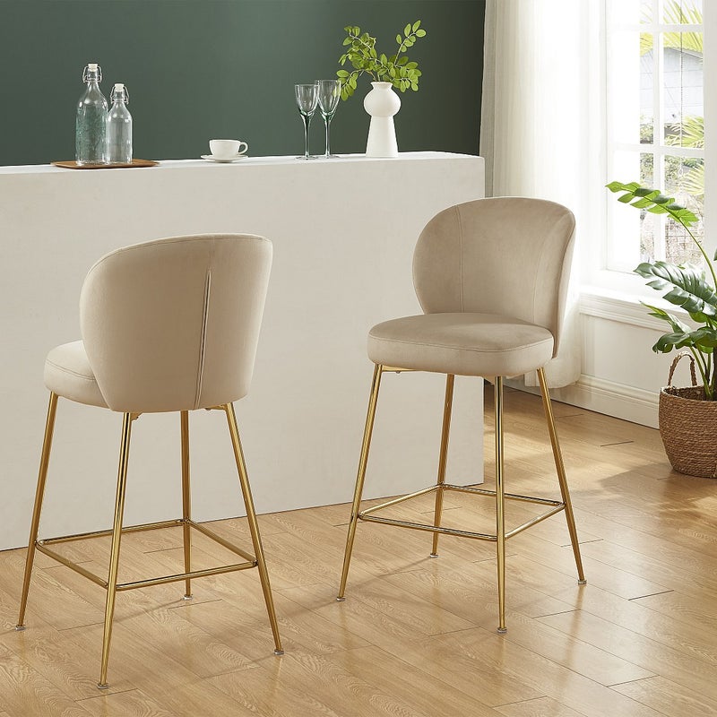 Zestaw 2 stołków barowych z weluru i pozłacanego metalu - Beżowy - POLPONA