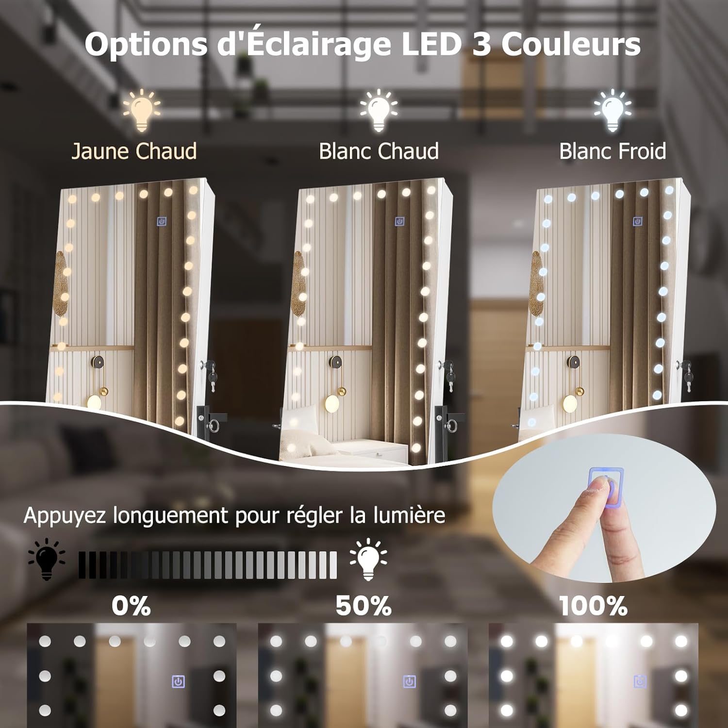 Armoire à Bijoux Miroir Pleine Longueur avec LED Réglable en Hauteur et en Angle-Roues Universelles et Porte-manteau, Blanc - 4