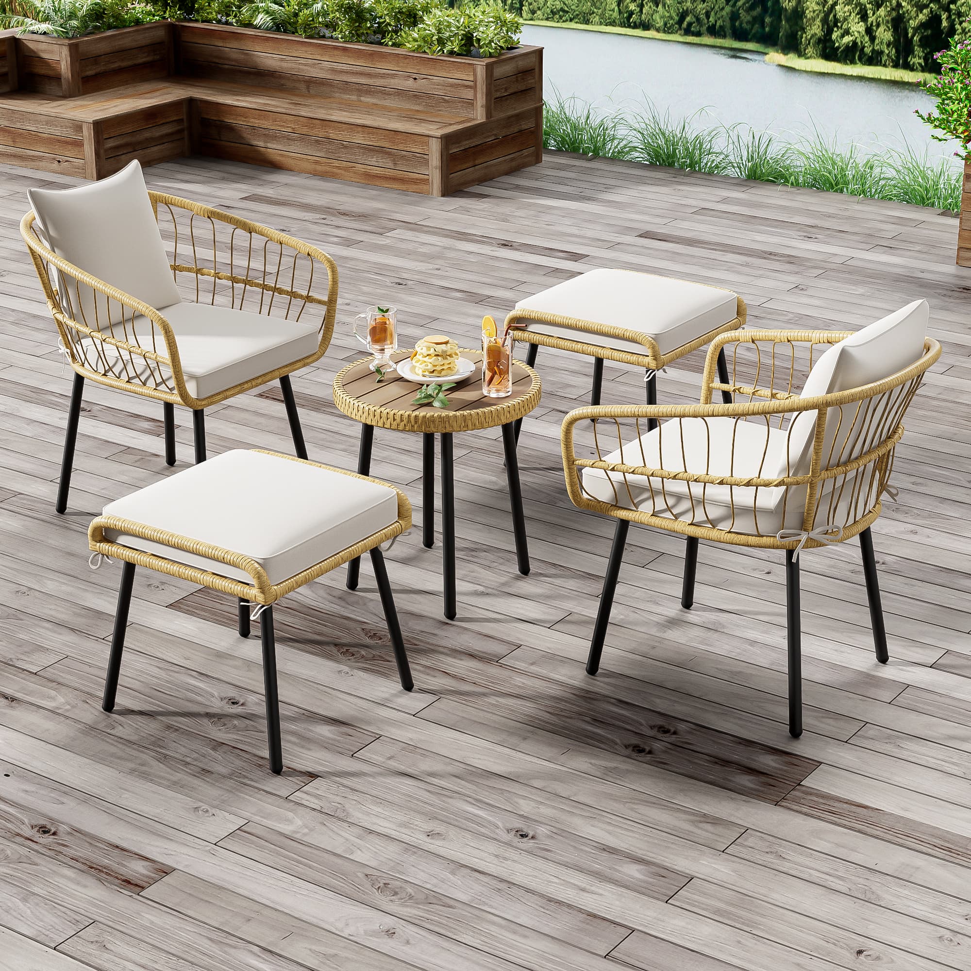 Ensemble Lounge de Jardin 5 Pièces, Composé d‘1 Table à Manger, 2 Chaises, 2 Tabourets, Mobilier en Rotin, Naturel - 9