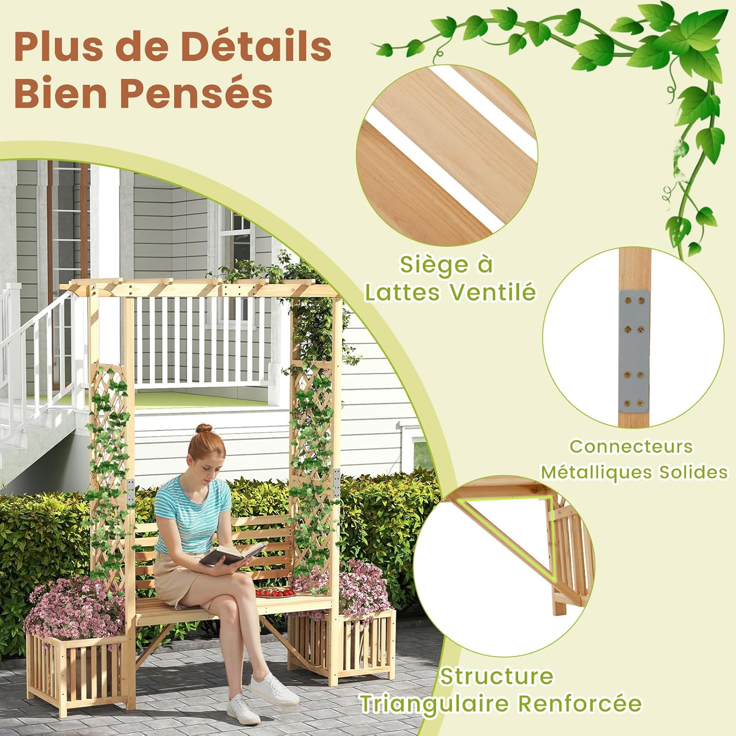 Arche de Jardin avec Jardinière Banc 2 Places à Charge 300 KG, Treillis Latéral pour Plantes Grimpantes Extérieur, pour Terrasse Jardin, Naturel - 4