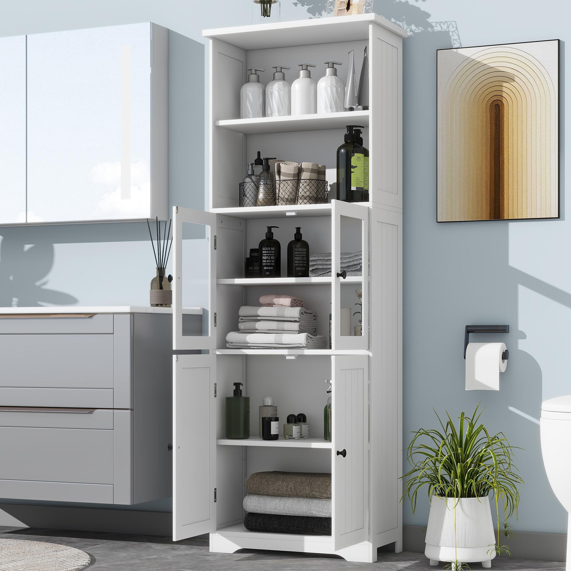 Wysoka szafka łazienkowa 57,4x28,5x160 cm z drzwiami drewnianymi i szklanymi, regulowane półki, eleganckie wykończenie lakierowane, biały