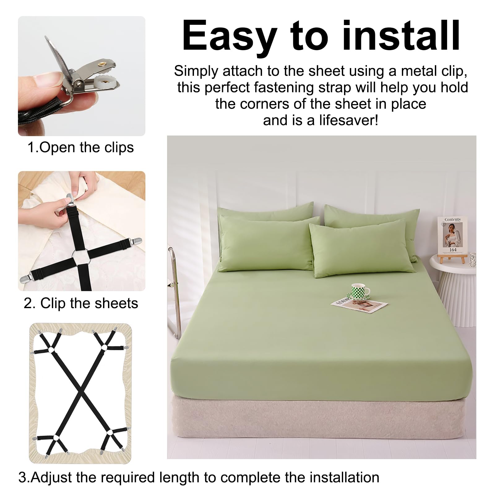 2 Pièces Tendeur Drap Housse, Élastiques Ajustables Attache Drap Housse avec Pinces Métalliques, Sangle Drap Housse pour draps, Matelas - 4