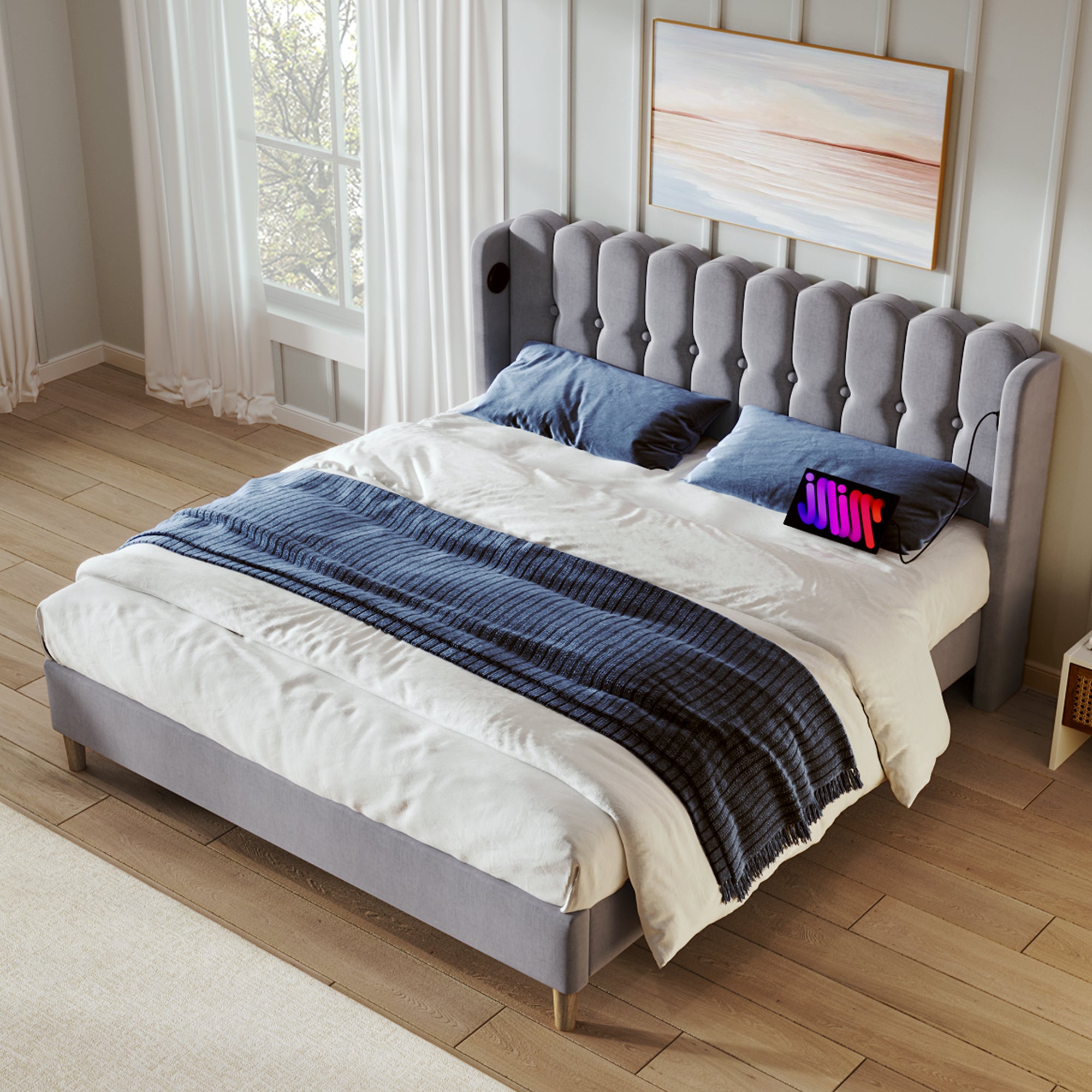 Lit double Lit rembourré 160 x 200 cm avec chargement USB Type C et sommier à lattes, lin, gris, matelas inclus - 7