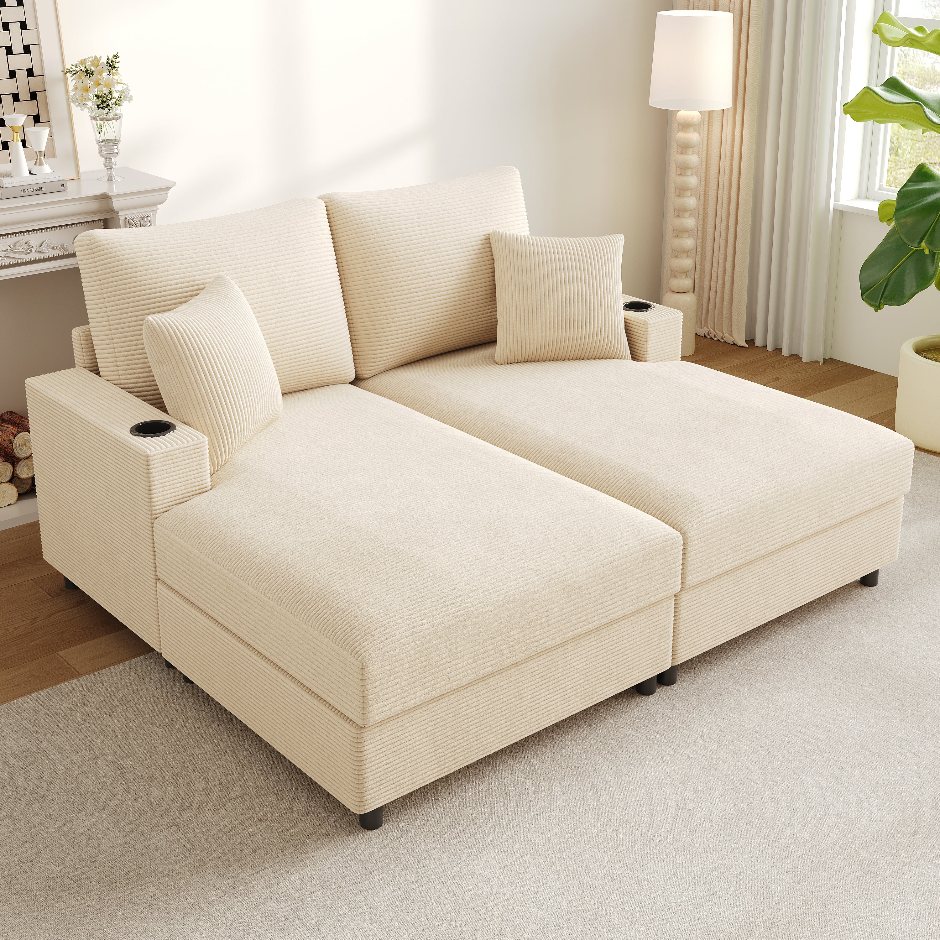 Canapé convertible multifonction 2 places avec port USB et porte-gobelet, banquette lit avec support téléphone pour salon ou bureau, 140cm, Beige - 3