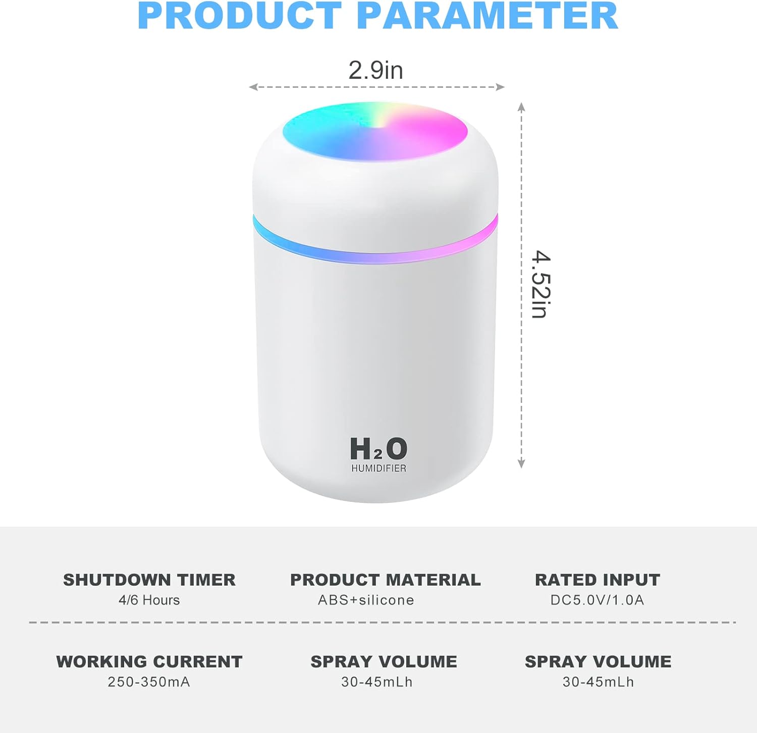 Nawilżacz powietrza z 2 regulowanymi trybami mgiełki, automatycznym wyłączaniem i kolorową lampką nocną, przenośny USB (biały) 300 ml - 5