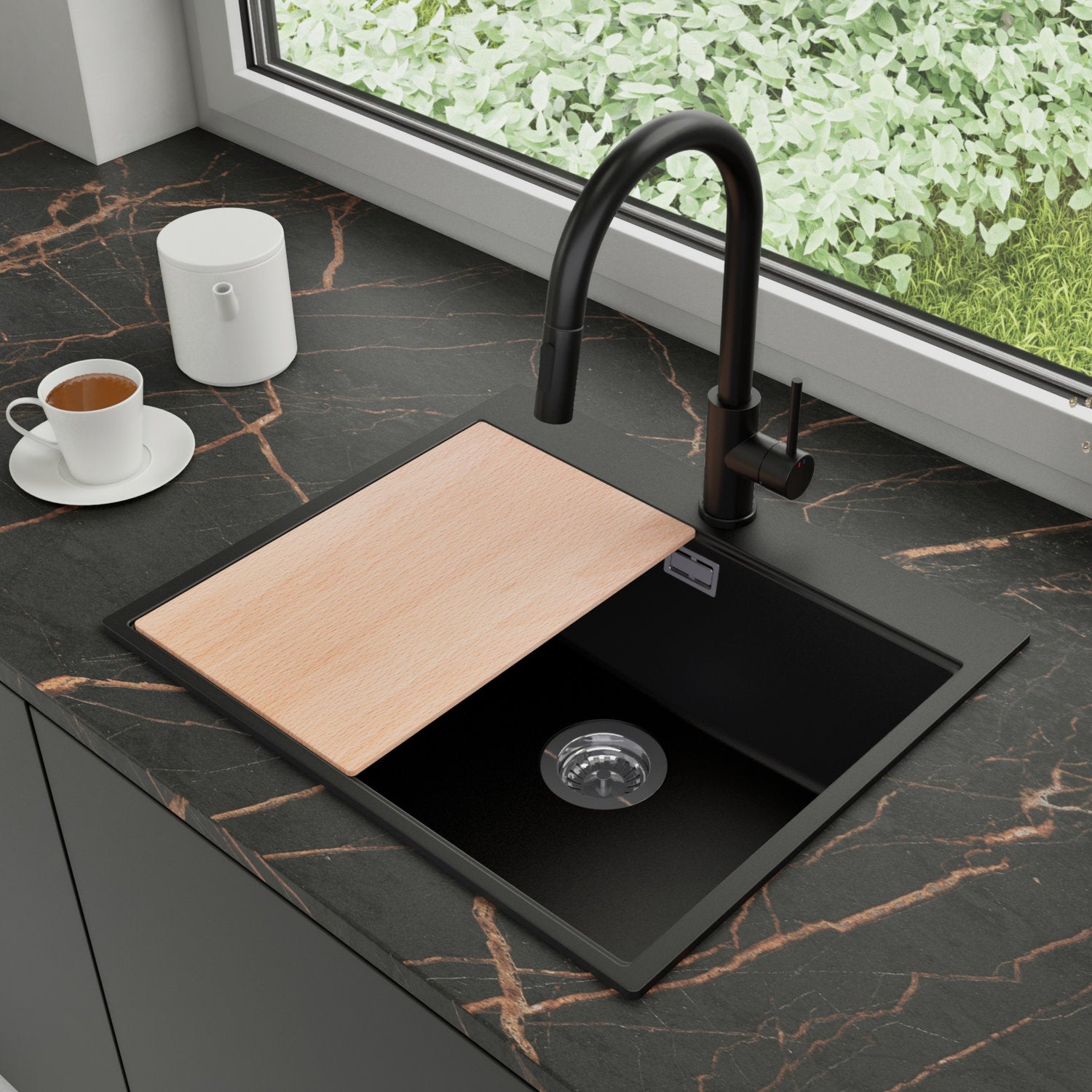 Zlewozmywak Granitowy 58x50cm, do szafki od 60cm + Bateria + Syfon + Deska - Rubin Czarny STONESTYLE