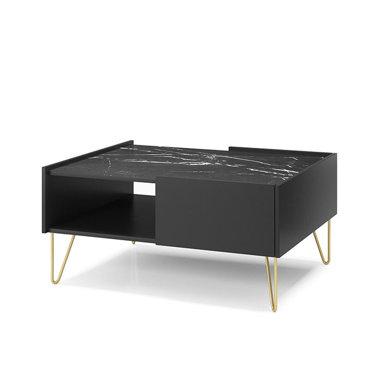 Stolik kawowy HARMONY L97 – Czarny, złota podstawa, szuflada i półka, Push to Open