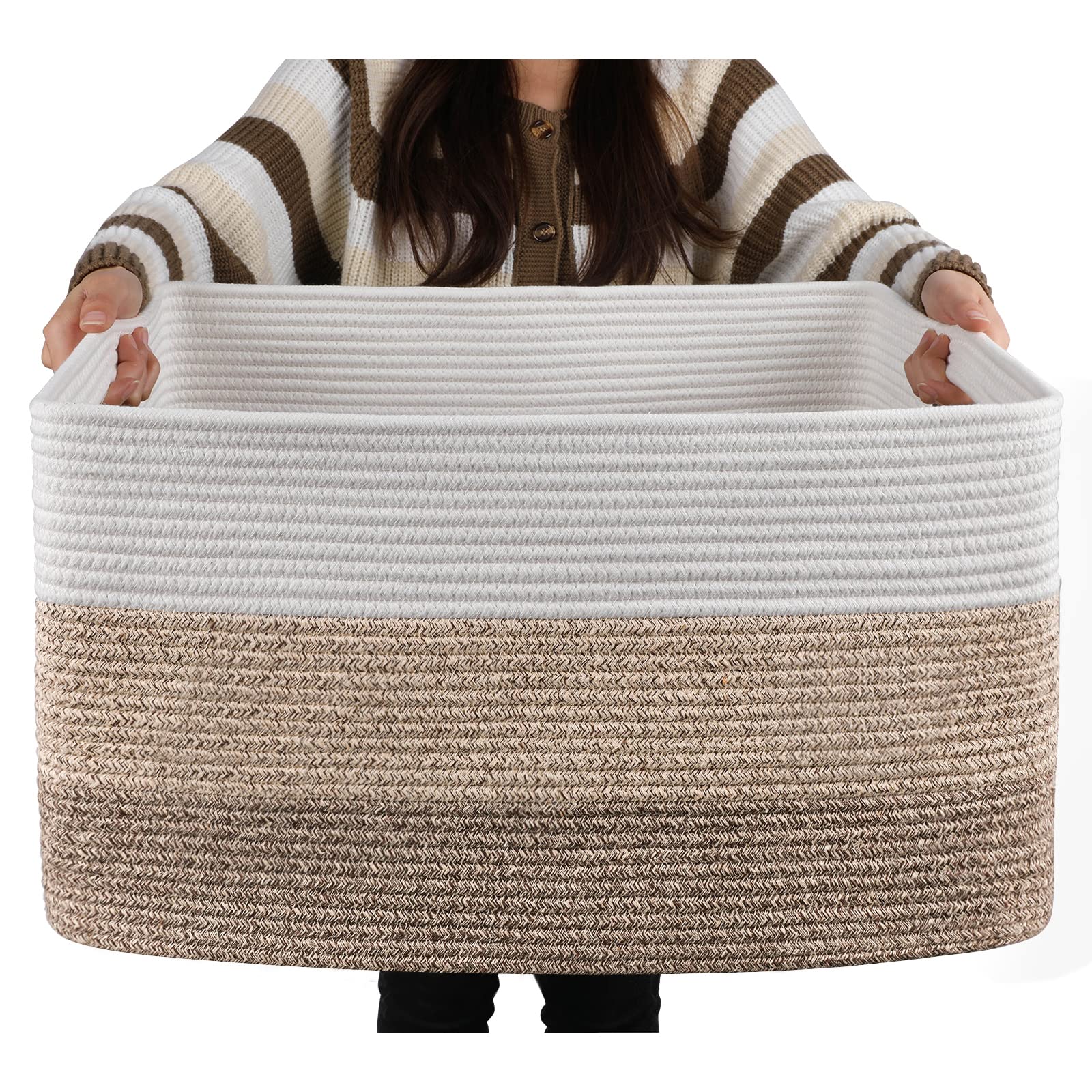 1 panier à linge rectangulaire en osier avec poignée, grand panier de rangement, 55 x 43 x 30,5 cm, 3 couleurs (marron foncé, marron clair, blanc) - 2