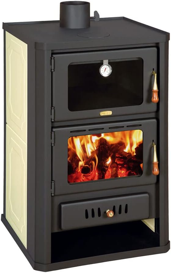 Estufa de leña con horno para sistema de calefacción central. Capacidad calorífica 5,4 + 14 kw. Modelo Prity FG W15