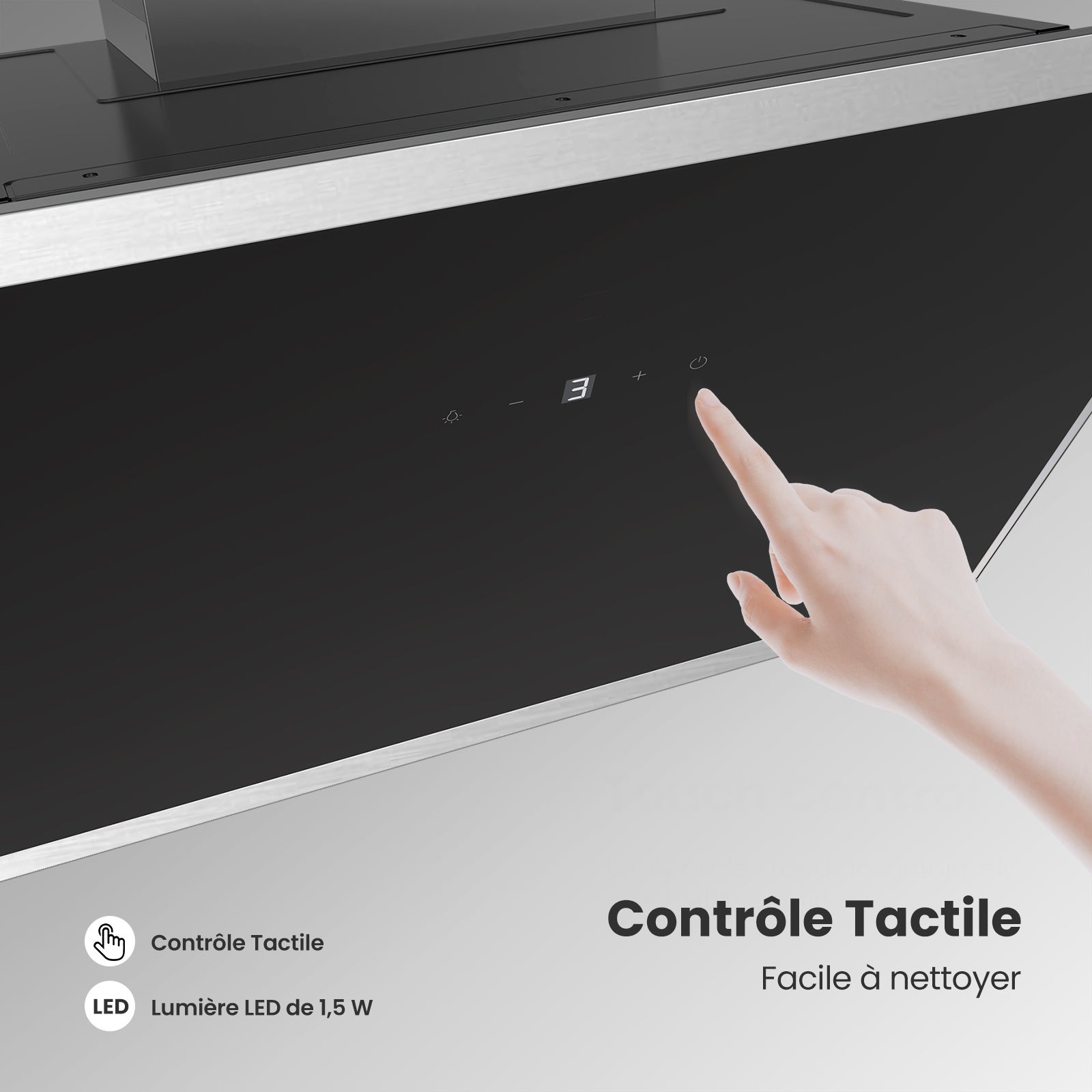 COMFEE Hotte Aspirante Inclinée 60cm 420m³/h Classe A+, Commandes Sensitives, BLDC Moteur, 3 Vitesses, 2 Filtres à Charbon, Verre Noir - 10