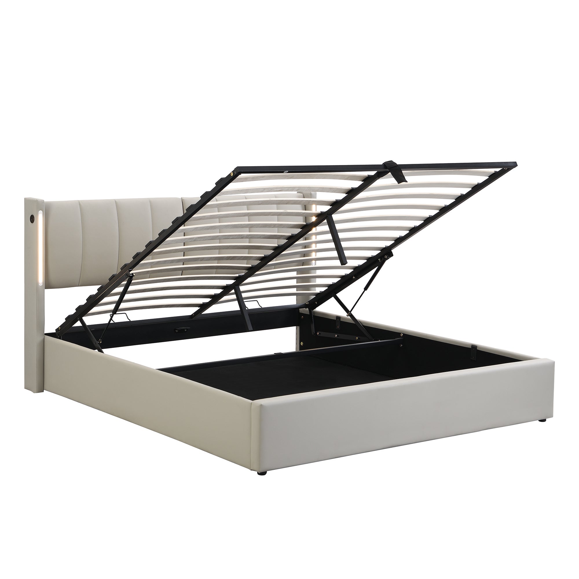Cama Matrimonial 160x200 cm con Contenedor, USB + LEDs en ambos lados - Hidráulica Tapizada + Cabecero Ajustable, Somier de Láminas - PU + Gris - 7