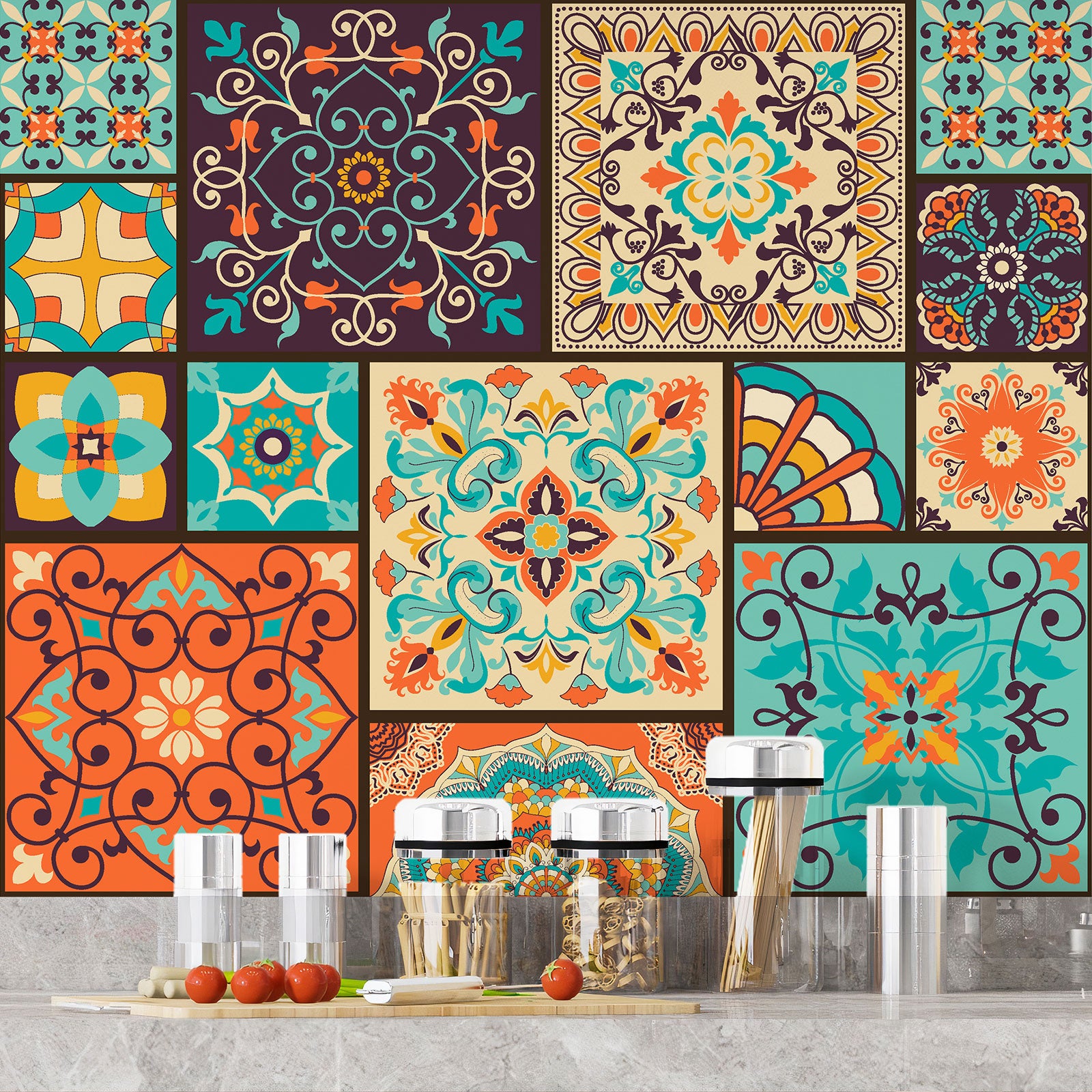 Crédence adhésive sticker décoratif pour cuisine - Effet carreaux de ciment - Adhésif BRILLANT - 60x60 cm - 4