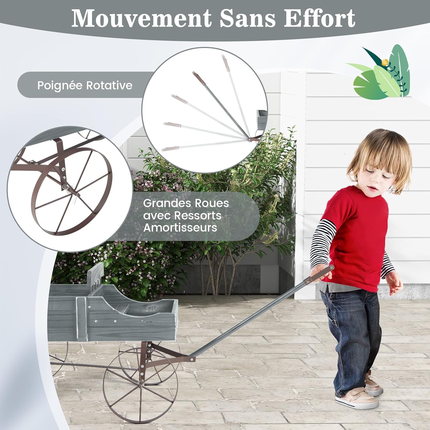 Brouette Décorative en Bois avec 2 Compartiments à Planter Roues Métalliques et Poignée à l'avant Charge 15kg pour Cour Jardin Véranda (Gris) - 4