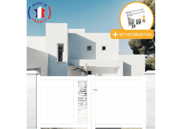 Portail aluminium battant découpe laser en kit + Motorisation dimensions L.3500 (entre piliers) X H.1500 mm SGS Essential Blanc (RAL 9010)