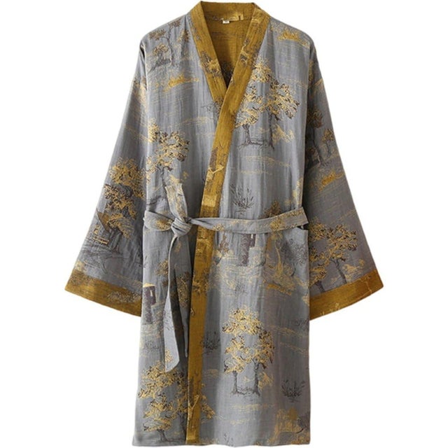 Peignoir kimono coton gaze homme – Léger, doux, style japonais, détente, spa, méditation, vêtement d’intérieur confortable.