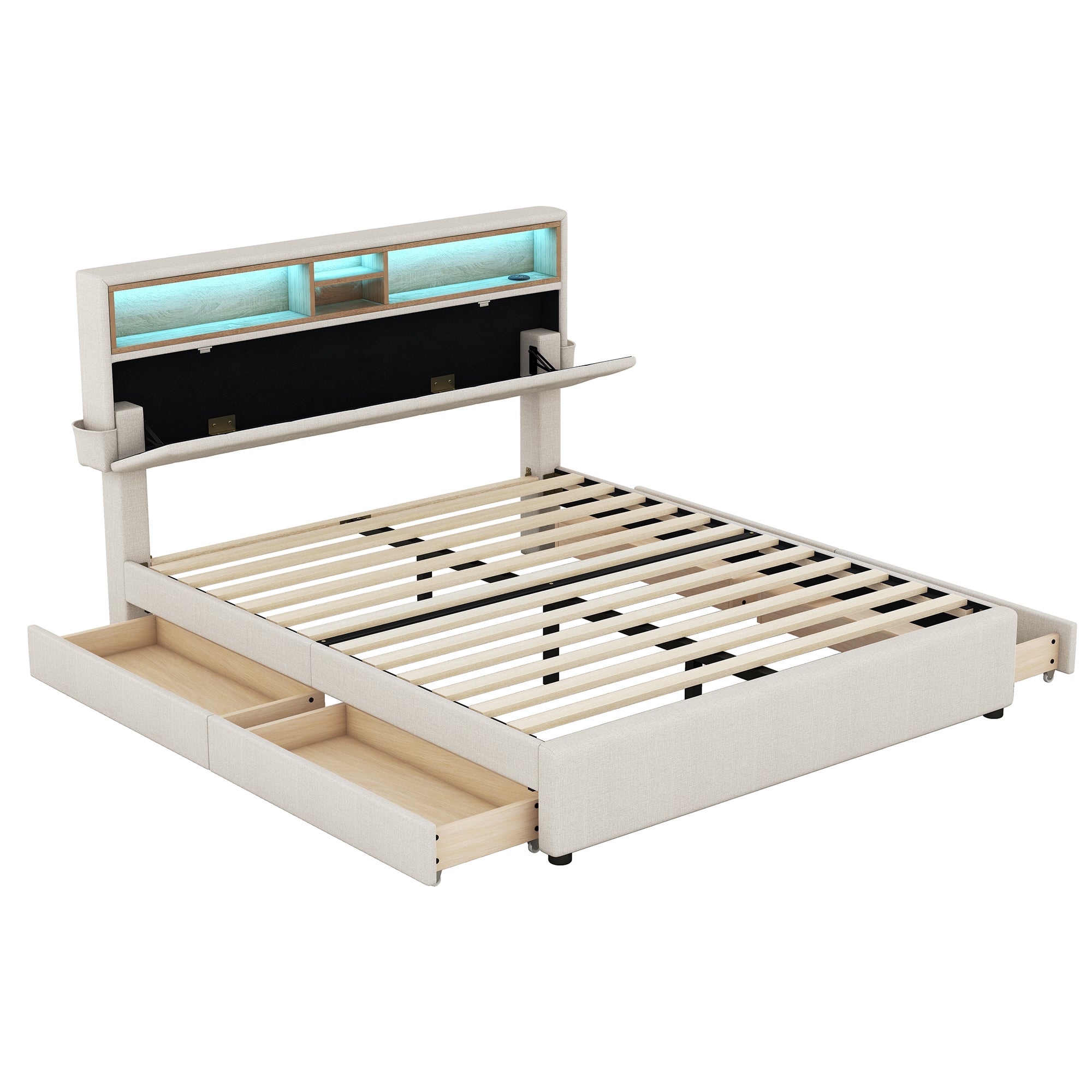 Letto Matrimoniale Con Cassetti E LED - 160x200cm Testiera Regolabile