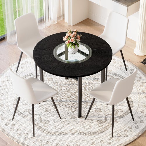 Conjunto de mesa redonda moderna ø100 cm con 4 sillones de pu blanco, acabado madera negra y cristal, para salón