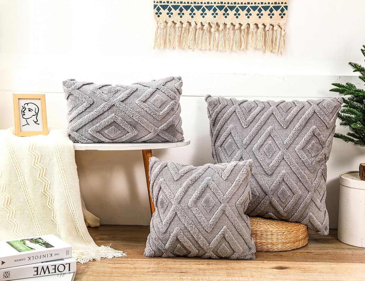 Taies d'oreiller grises - motif à carreaux doux, style bohème - conviennent pour le salon, la chambre, etc. - Lot de 2, 30×50 cm - 4