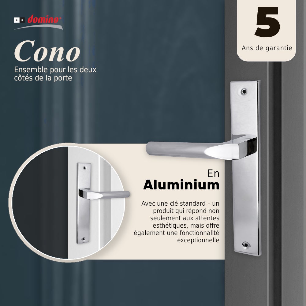Domino Poignée de porte en aluminium noir avec plaque, idéale pour portes intérieures, de bureau et de cave Argenté CONO M6 chromé B/O - 6
